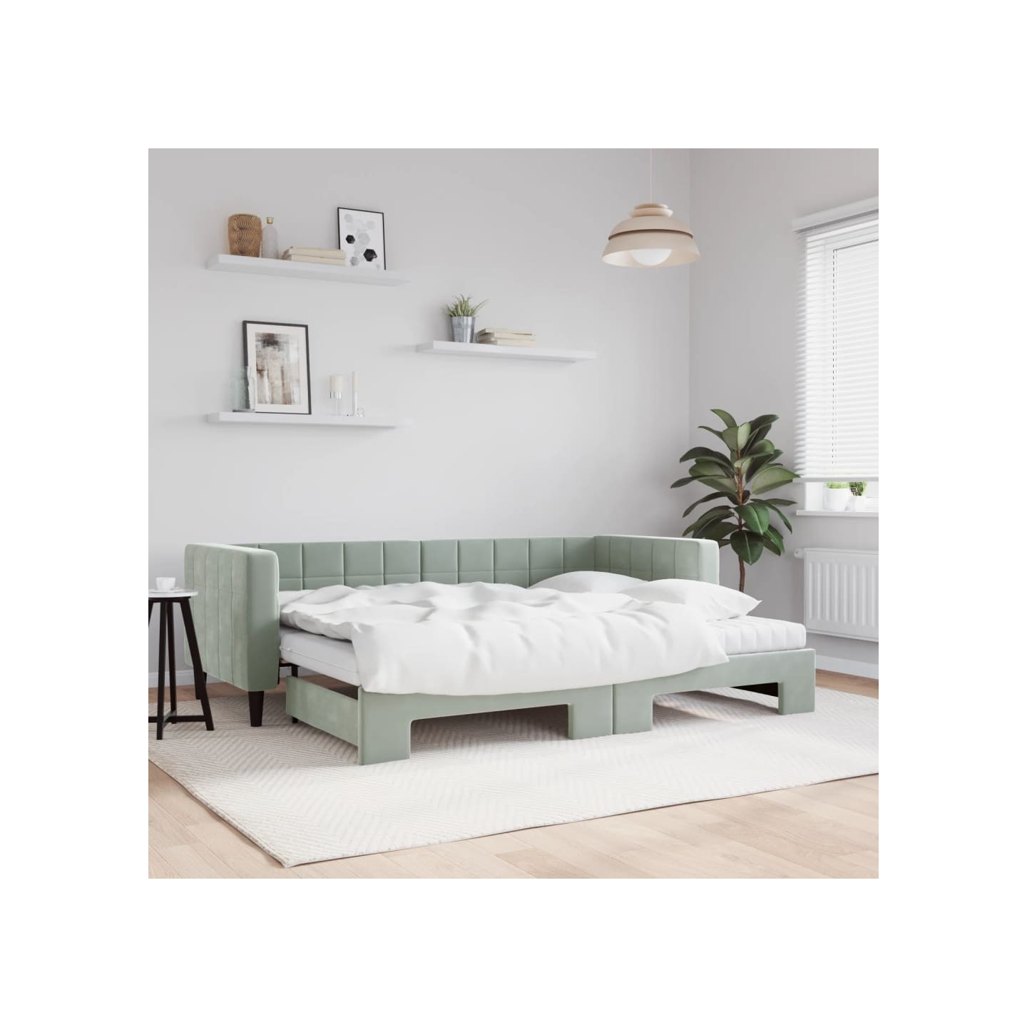 Lit de jour avec gigogne et matelas gris clair 80x200cm velours