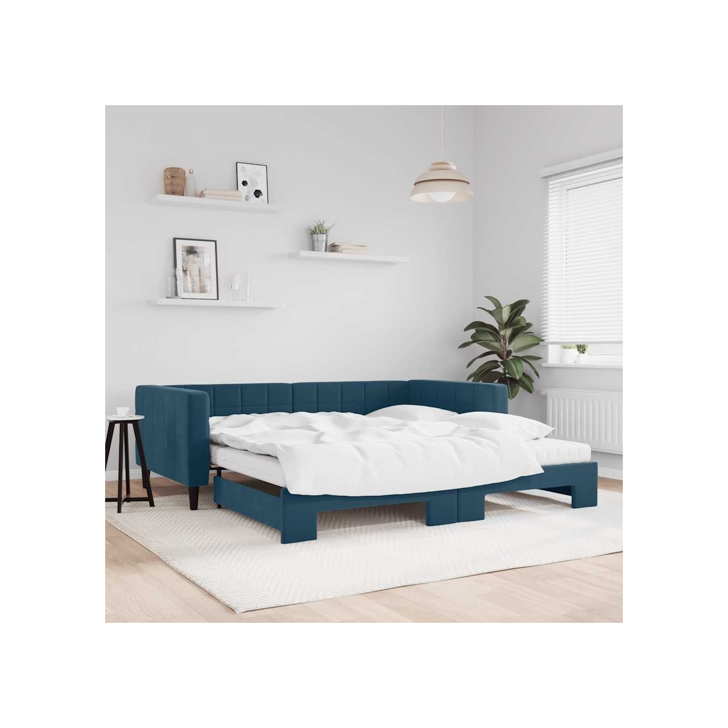 Lit de jour avec lit gigogne et matelas bleu 100x200 cm velours