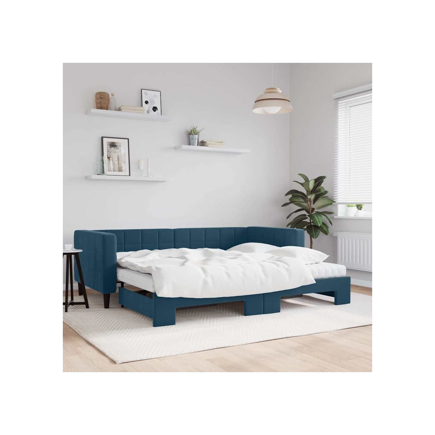 Lit de jour avec lit gigogne et matelas bleu 90x200 cm velours