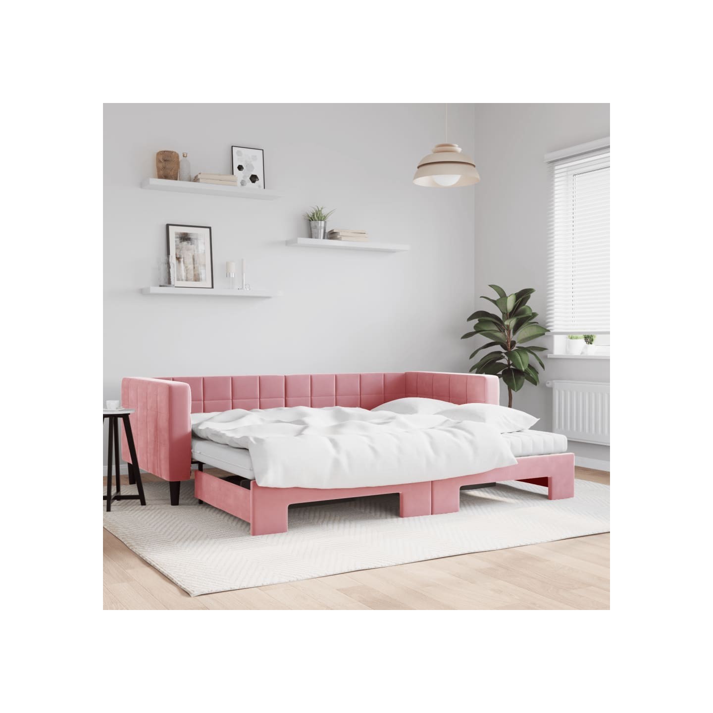 Lit de jour avec gigogne et matelas rose 90x200 cm velours