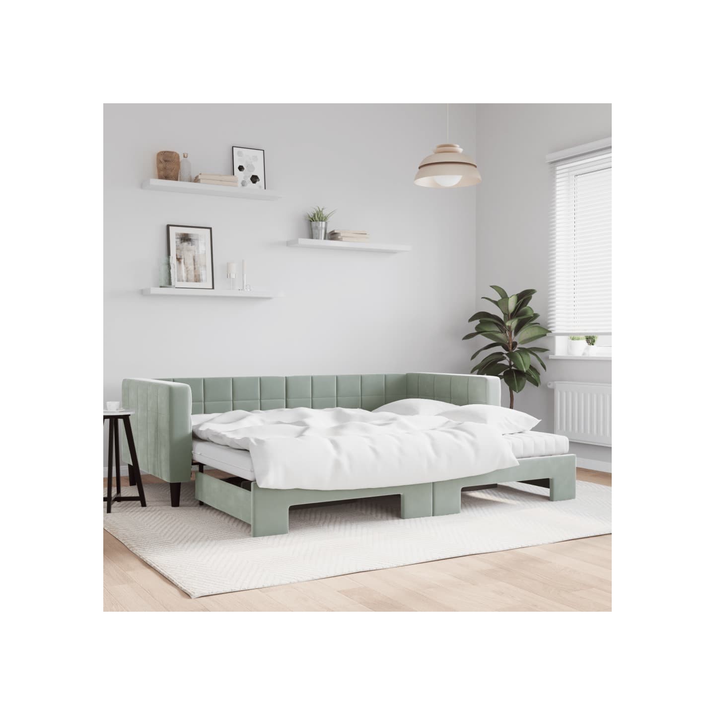 Lit de jour avec gigogne et matelas gris clair 90x190cm velours