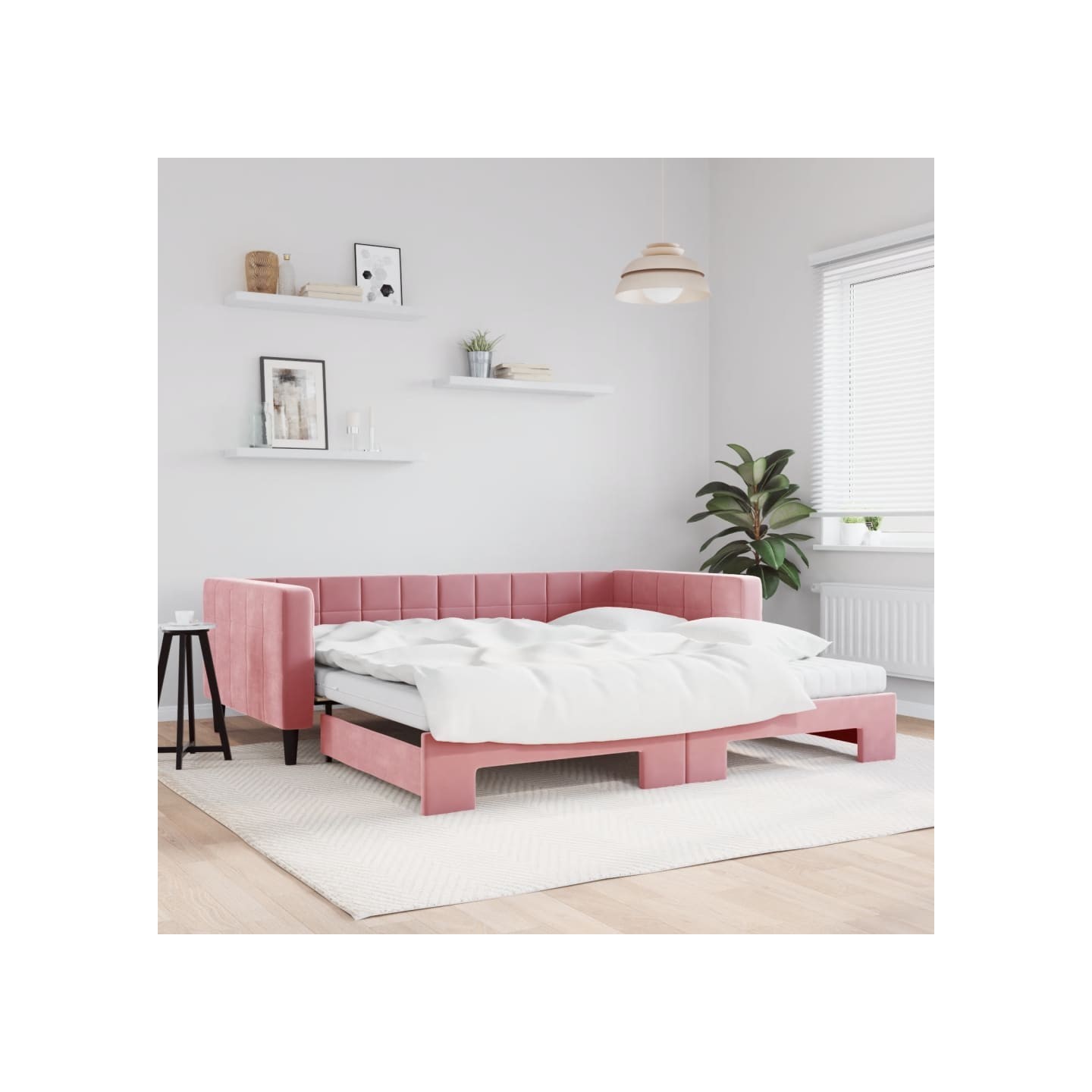 Lit de jour avec lit gigogne et matelas rose 100x200 cm velours