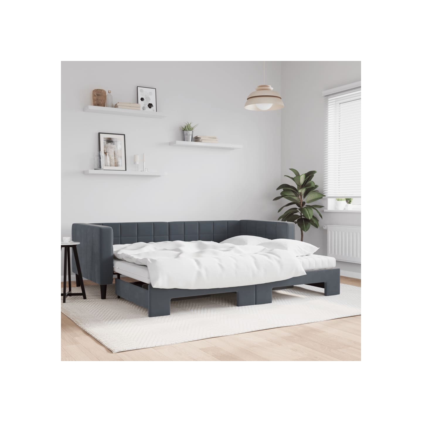 Lit de jour avec gigogne et matelas gris foncé 90x190cm velours