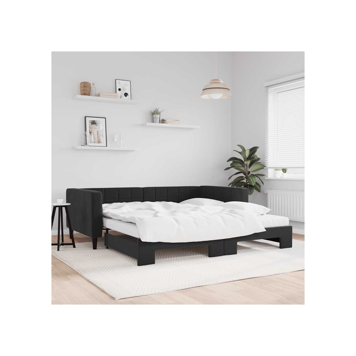 Lit de jour avec lit gigogne et matelas noir 100x200 cm velours
