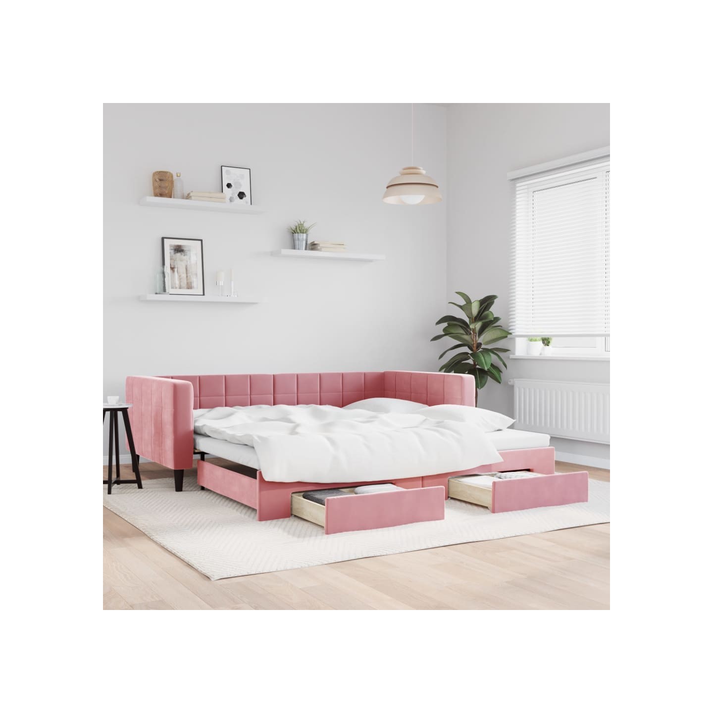 Lit de jour avec gigogne et tiroirs rose 100x200 cm velours