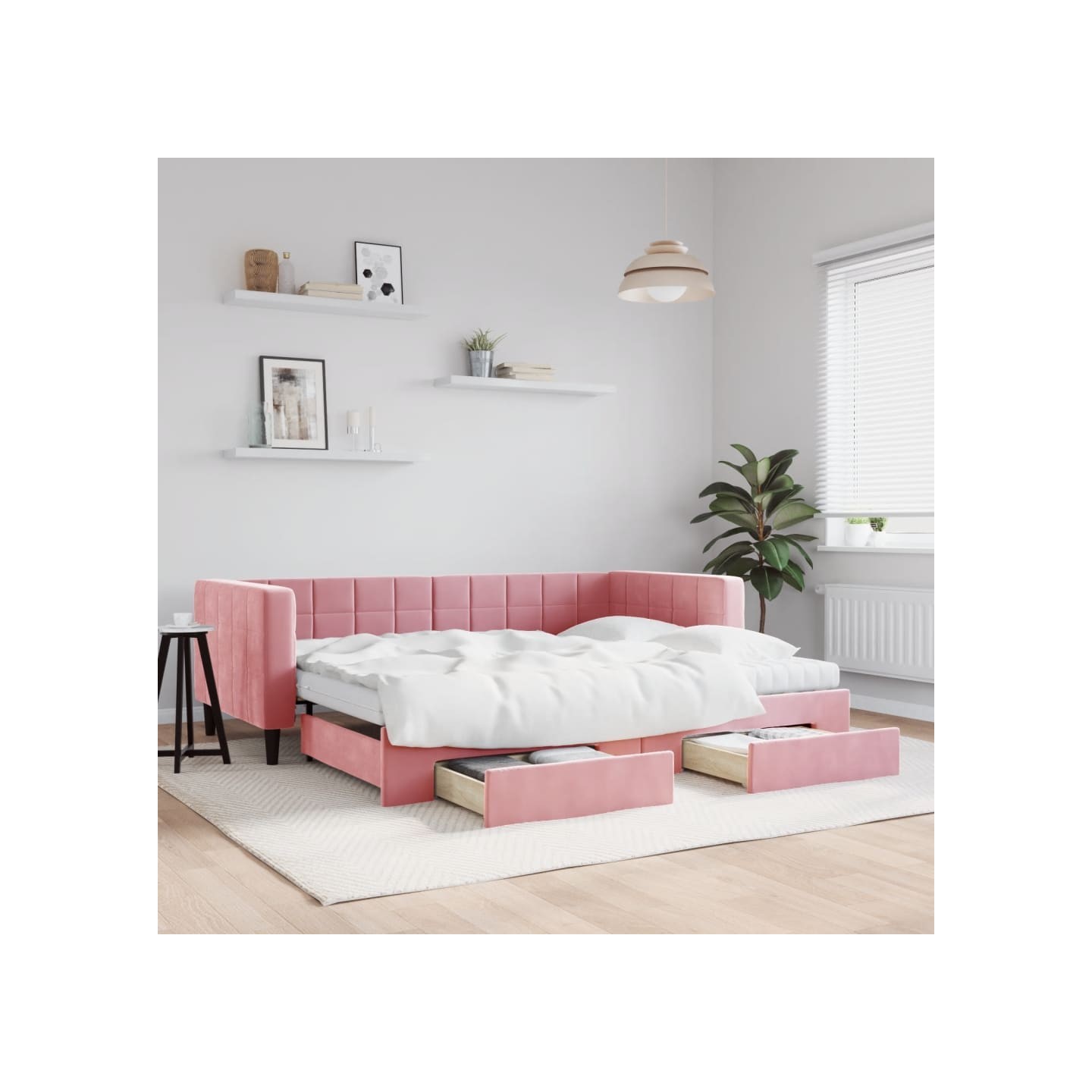 Lit de jour avec gigogne et tiroirs rose 90x200 cm velours