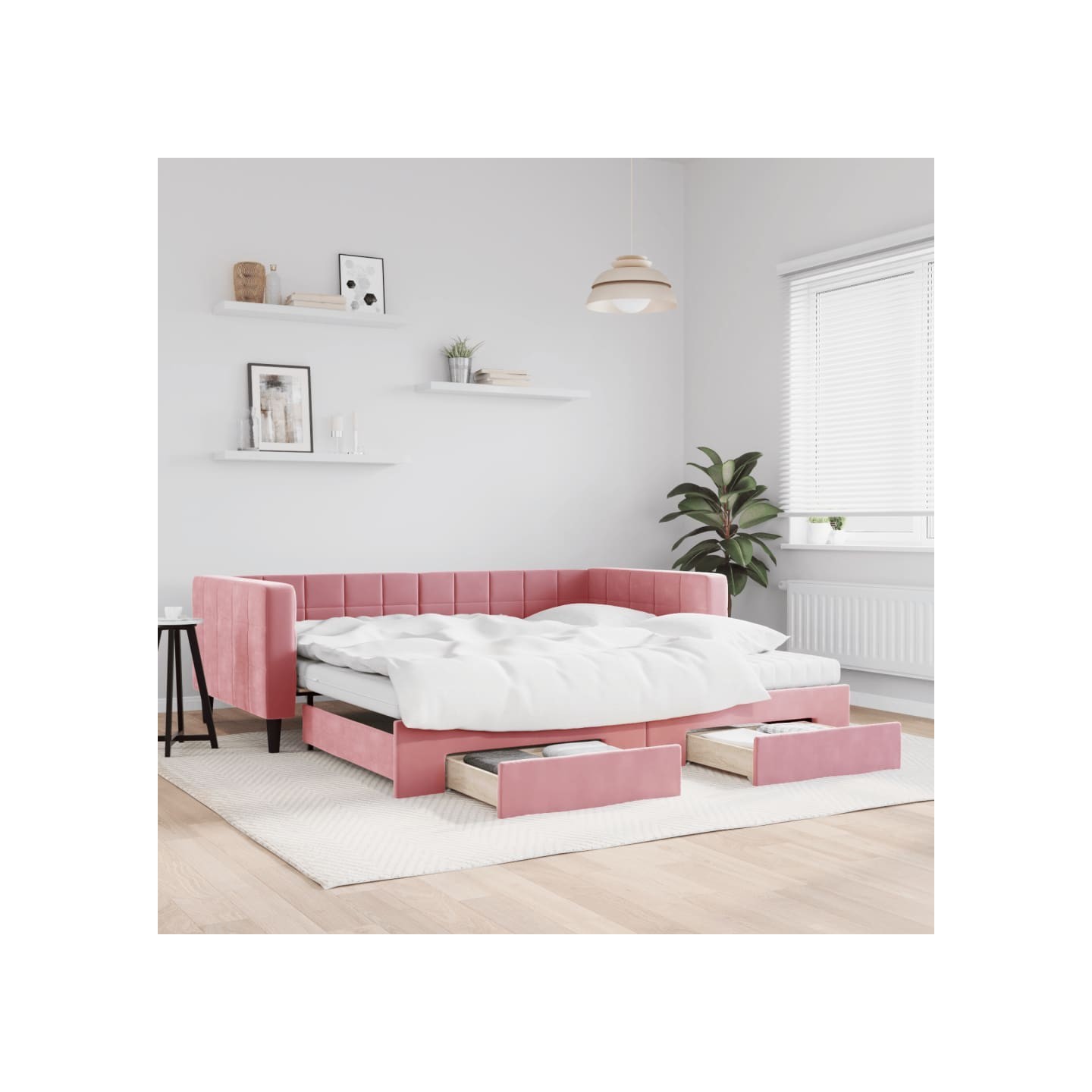 Lit de jour avec gigogne et tiroirs rose 100x200 cm velours