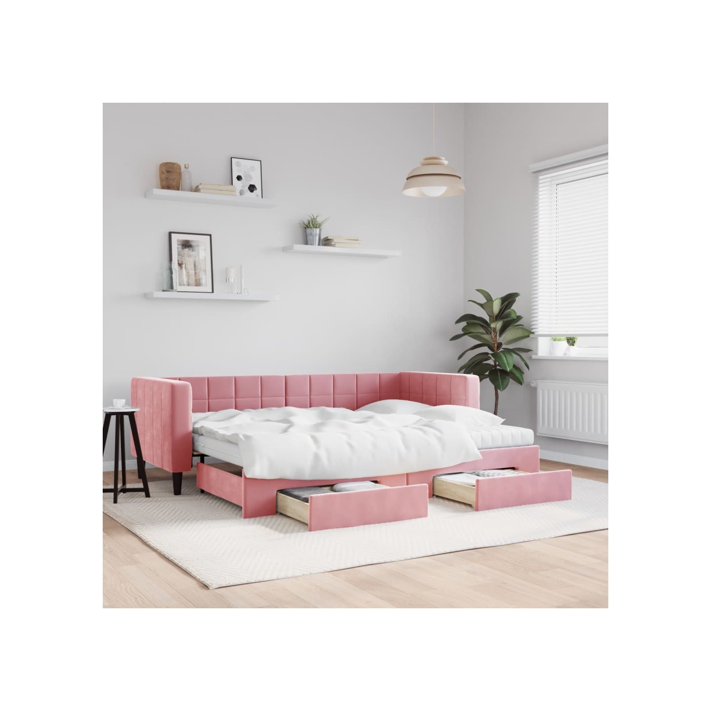 Lit de jour avec gigogne et tiroirs rose 80x200 cm velours