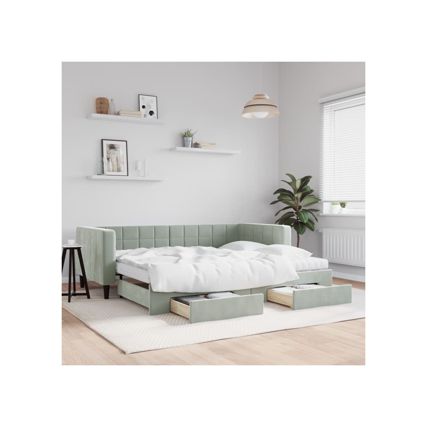 Lit de jour avec gigogne et tiroirs gris clair 90x190cm velours