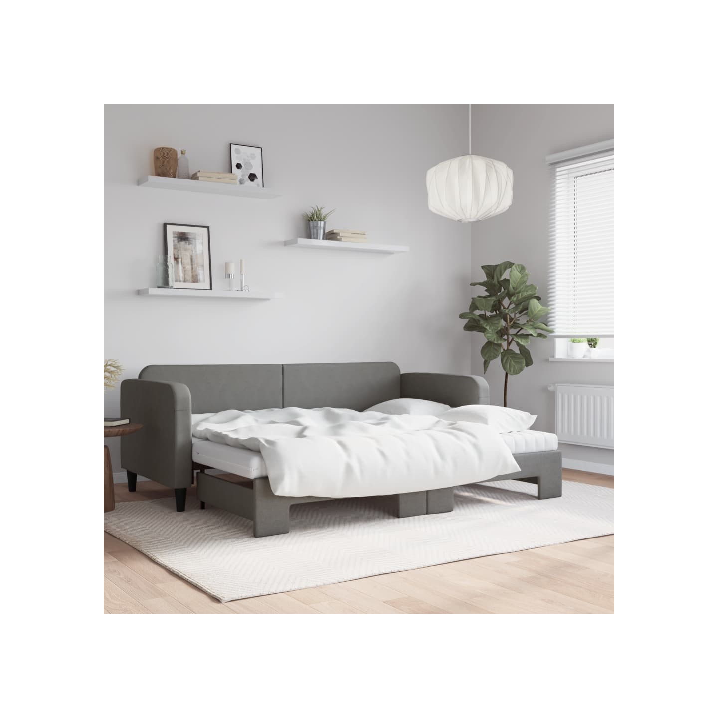 Lit de jour avec gigogne et matelas gris foncé 80x200 cm tissu