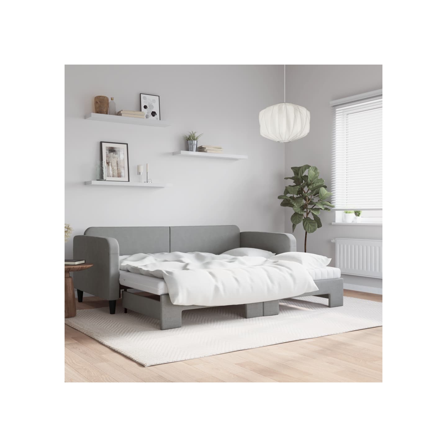 Lit de jour avec gigogne et matelas gris clair 90x200 cm tissu