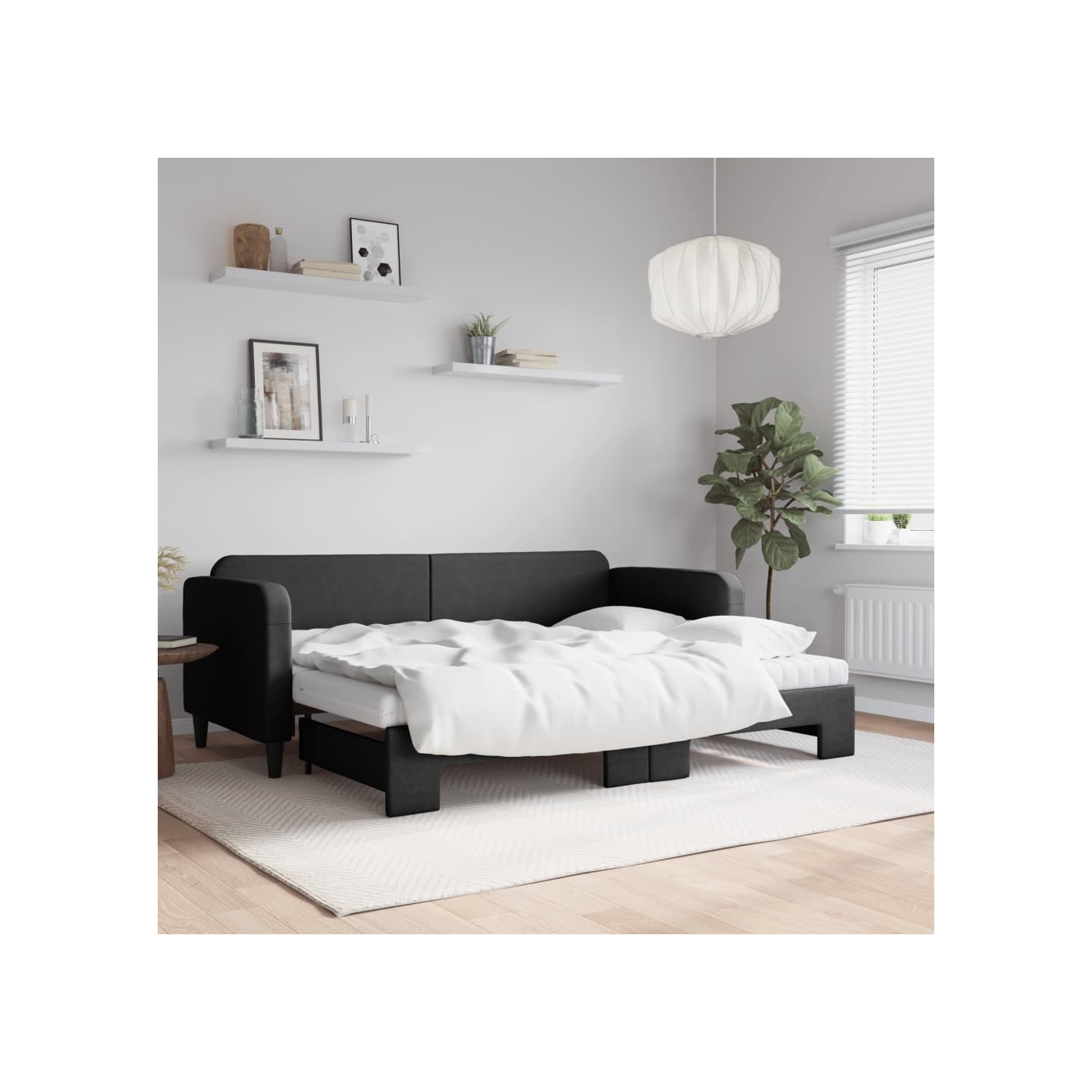 Lit de jour avec lit gigogne et matelas noir 80x200 cm tissu