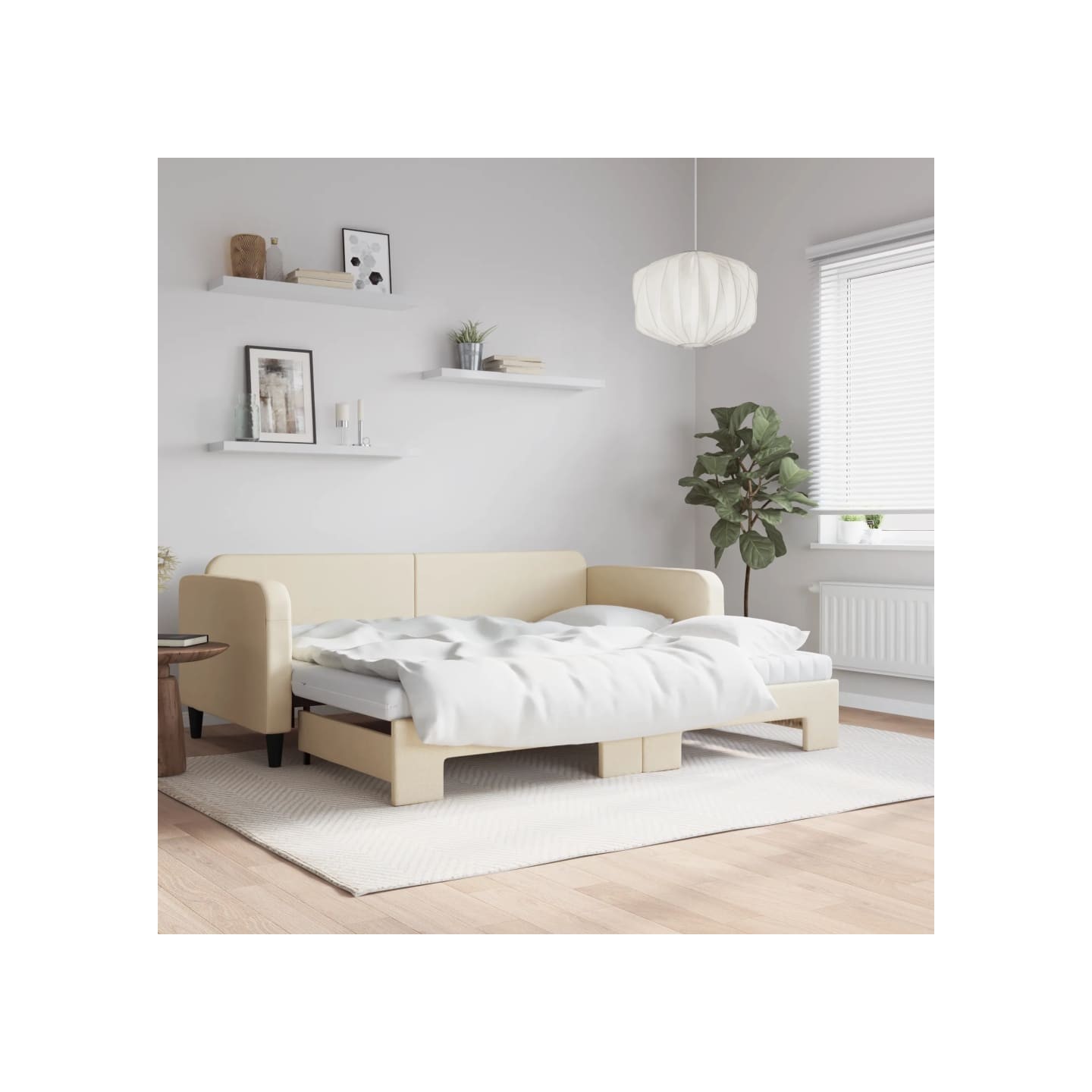 Lit de jour avec gigogne et matelas crème 90x200 cm tissu