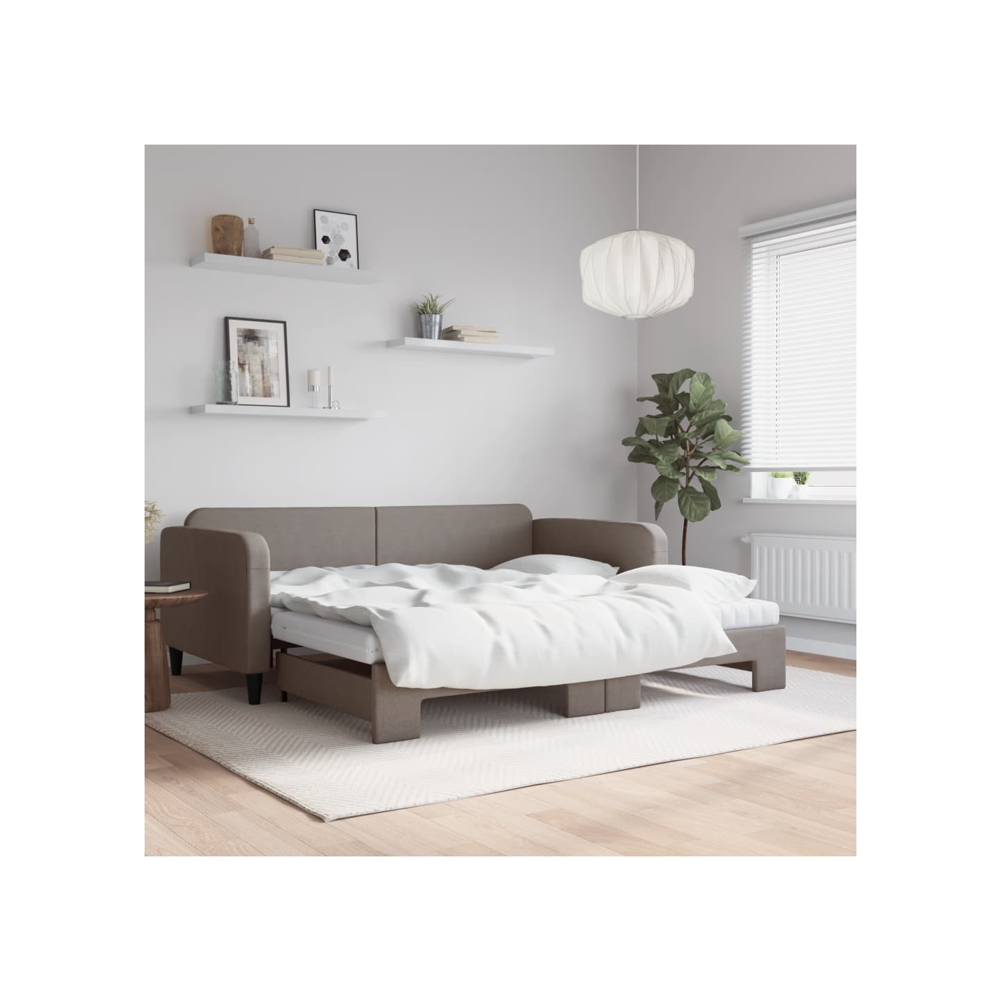 Lit de jour avec gigogne et matelas taupe 100x200 cm tissu