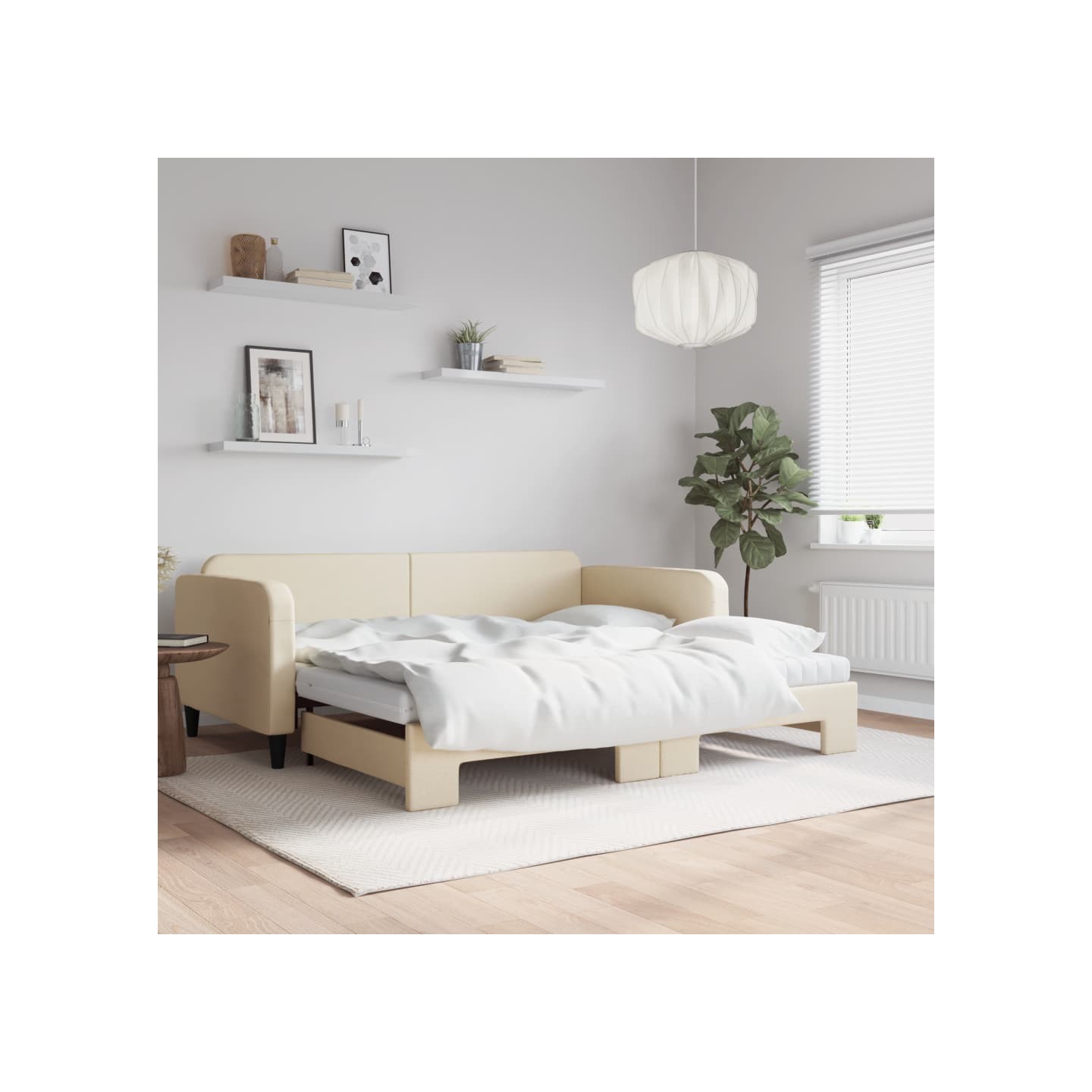 Lit de jour avec gigogne et matelas crème 100x200 cm tissu