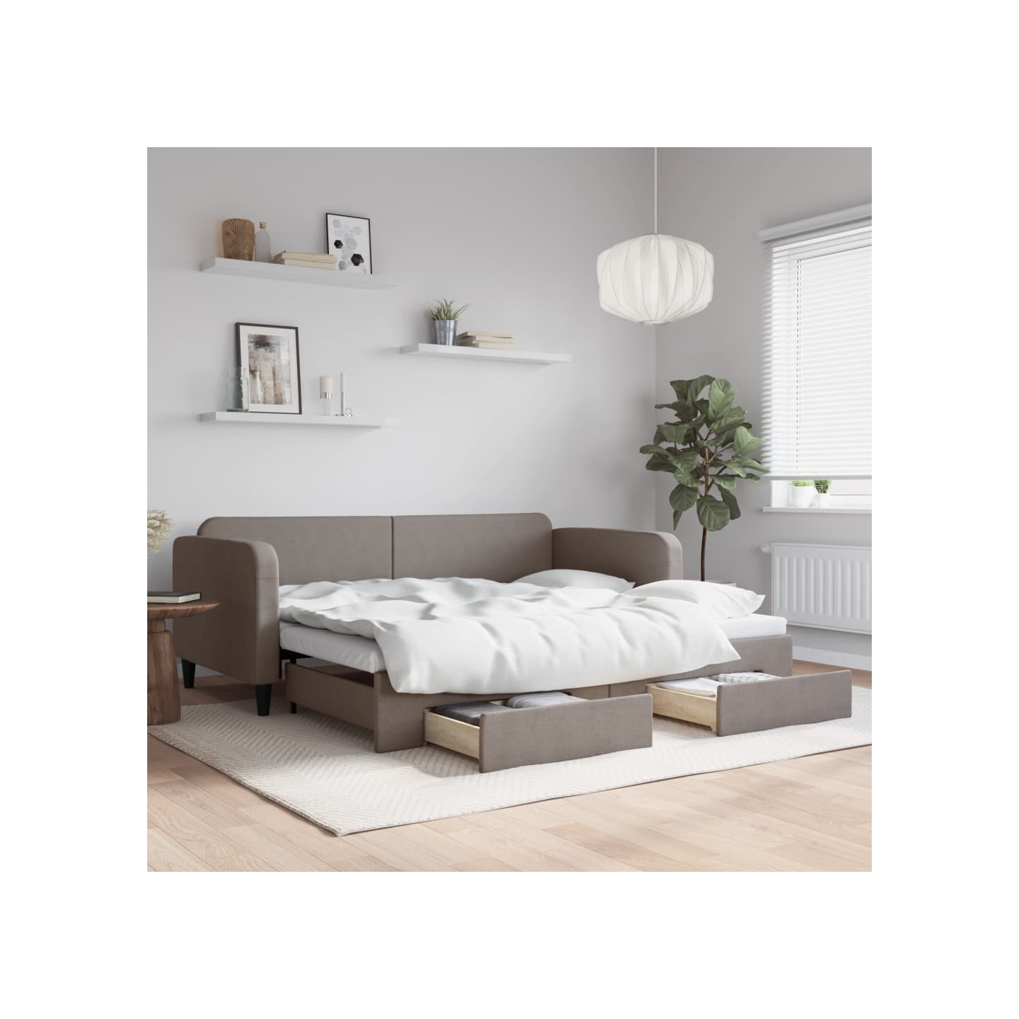 Lit de jour avec gigogne et tiroirs sans matelas taupe 90x200cm