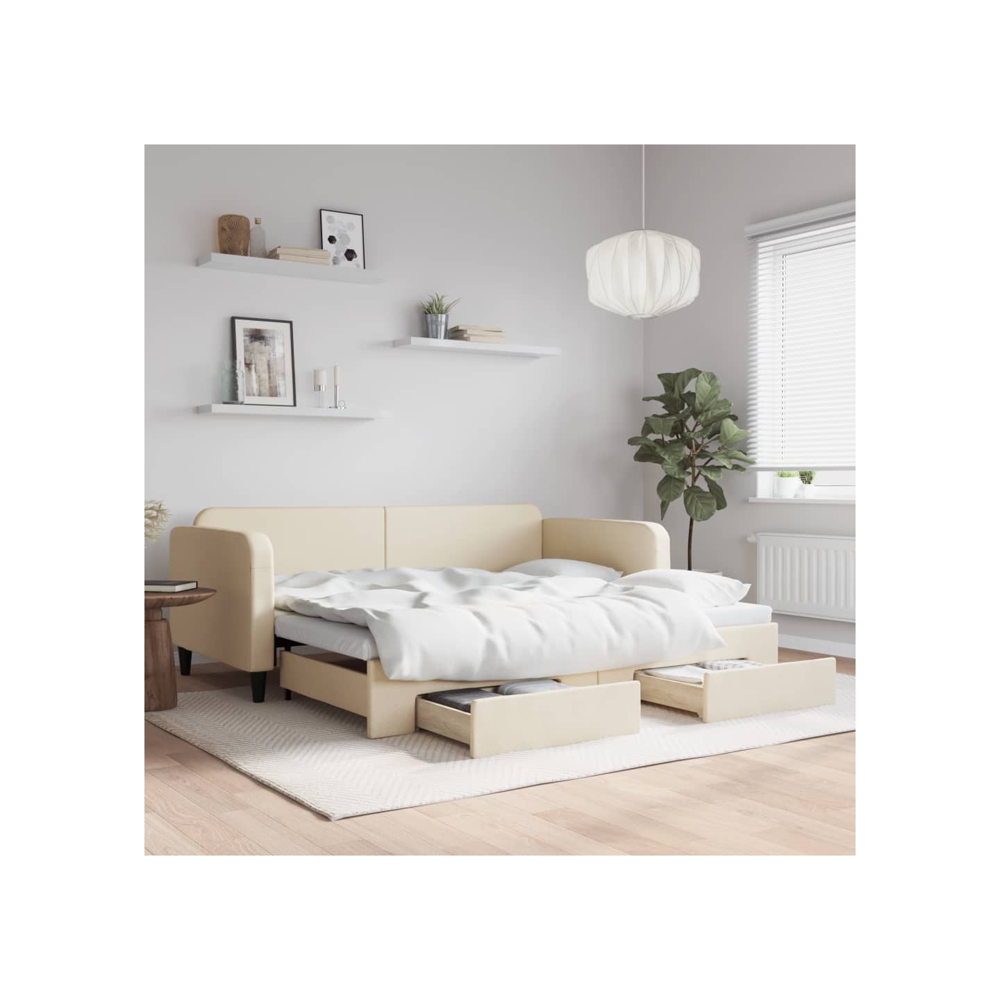 Lit de jour avec gigogne et tiroirs sans matelas crème 90x200cm