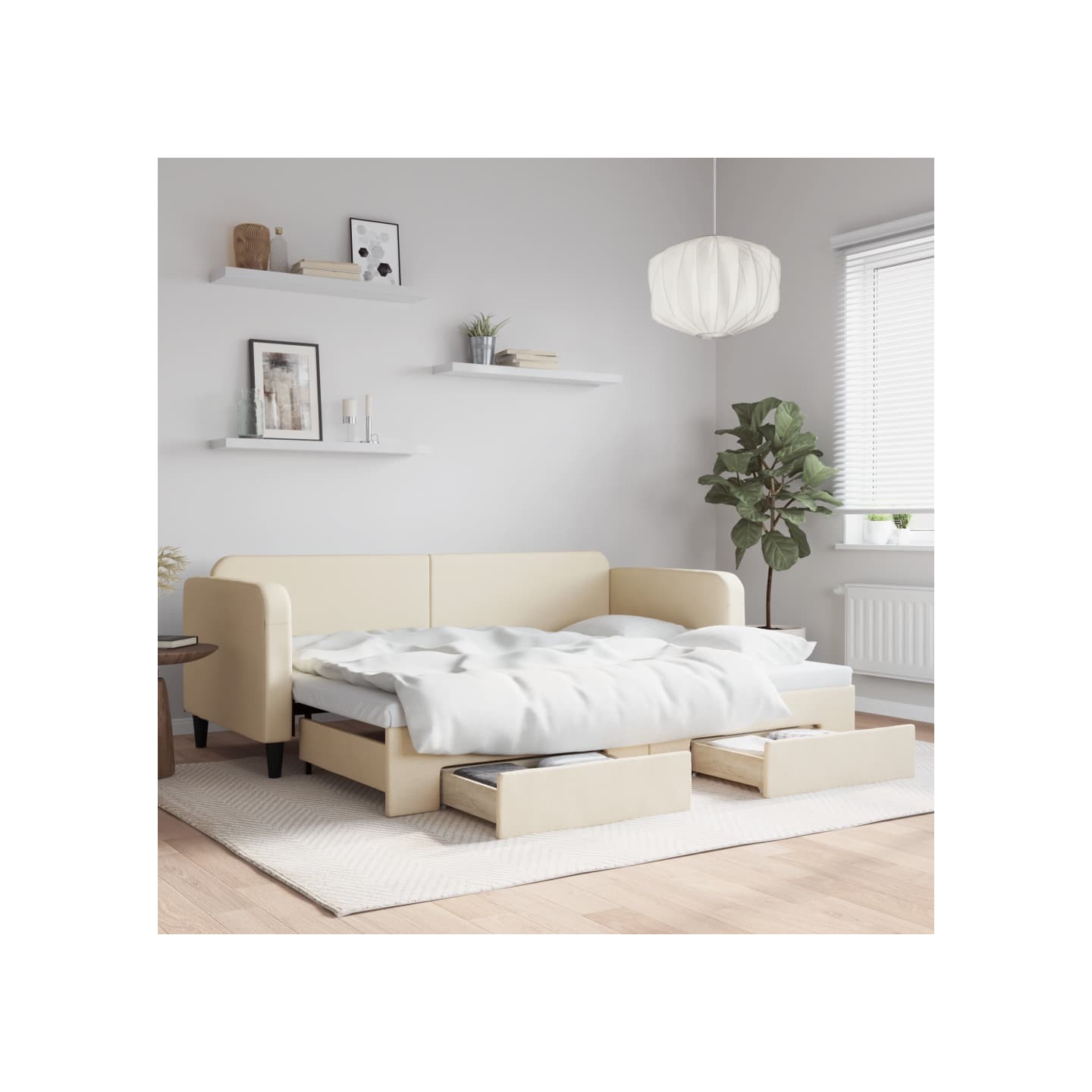 Lit de jour avec gigogne et tiroirs sans matelas crème 80x200cm