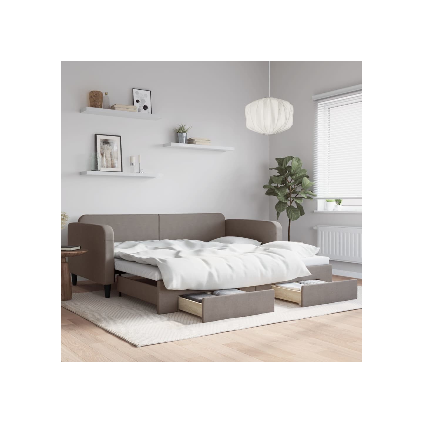 Lit de jour avec gigogne et tiroirs taupe 100x200 cm tissu