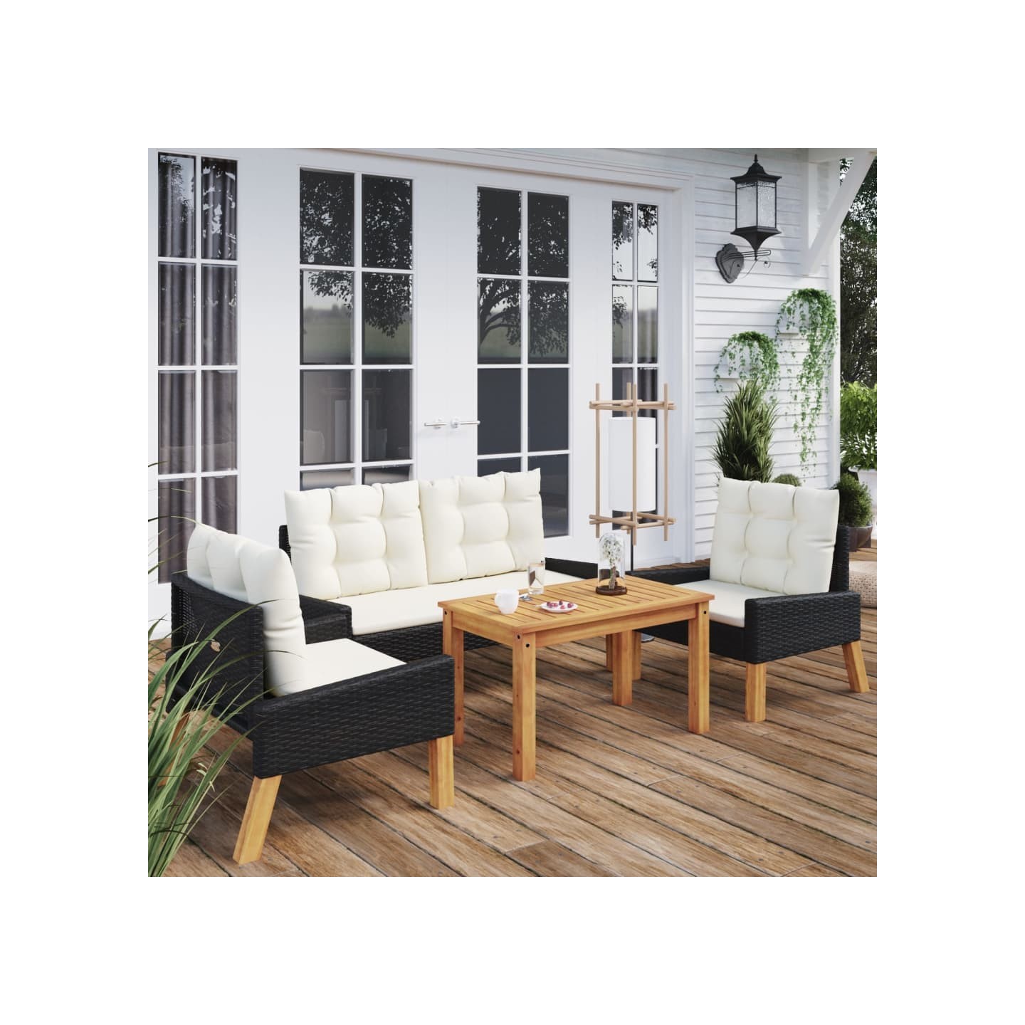 Salon de jardin 4 pcs et coussins Résine tressée et bois massif