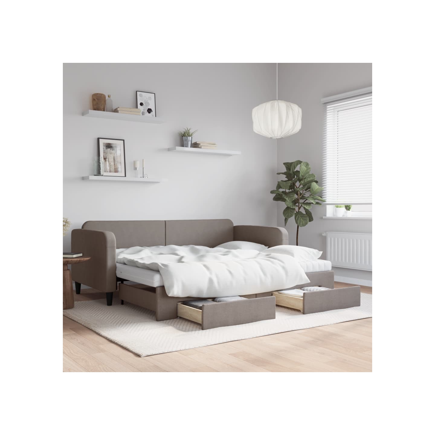 Lit de jour avec gigogne et tiroirs taupe 90x200 cm tissu
