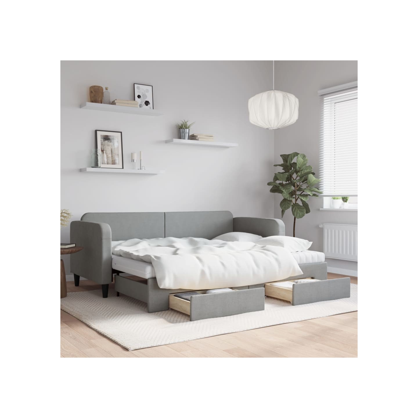 Lit de jour avec gigogne et tiroirs gris clair 80x200 cm tissu