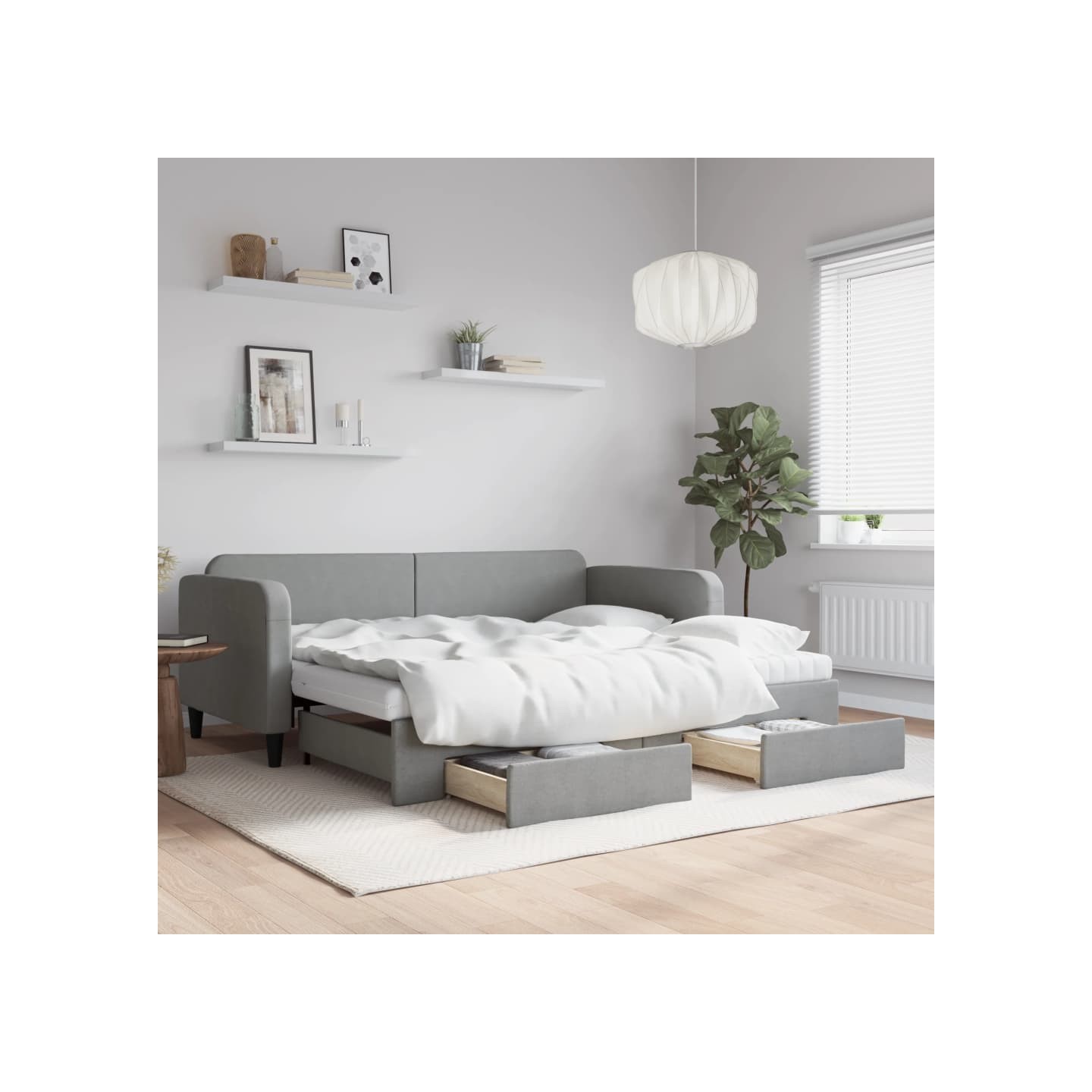 Lit de jour avec gigogne et tiroirs gris clair 90x200 cm tissu