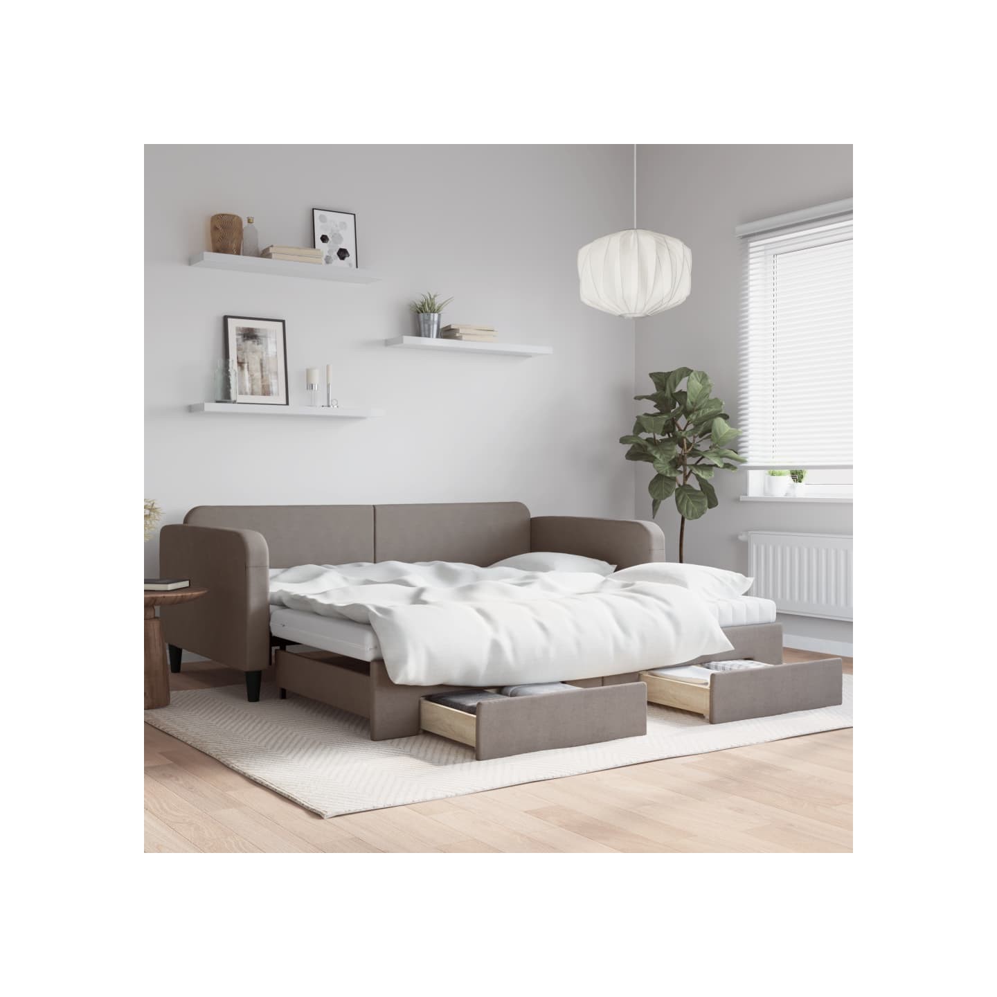 Lit de jour avec gigogne et tiroirs taupe 100x200 cm tissu