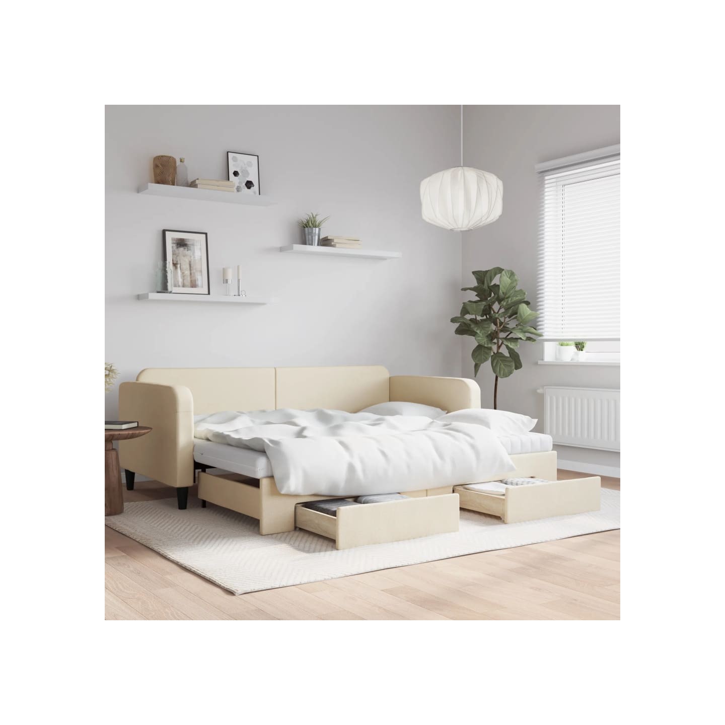 Lit de jour avec gigogne et tiroirs crème 90x200 cm tissu