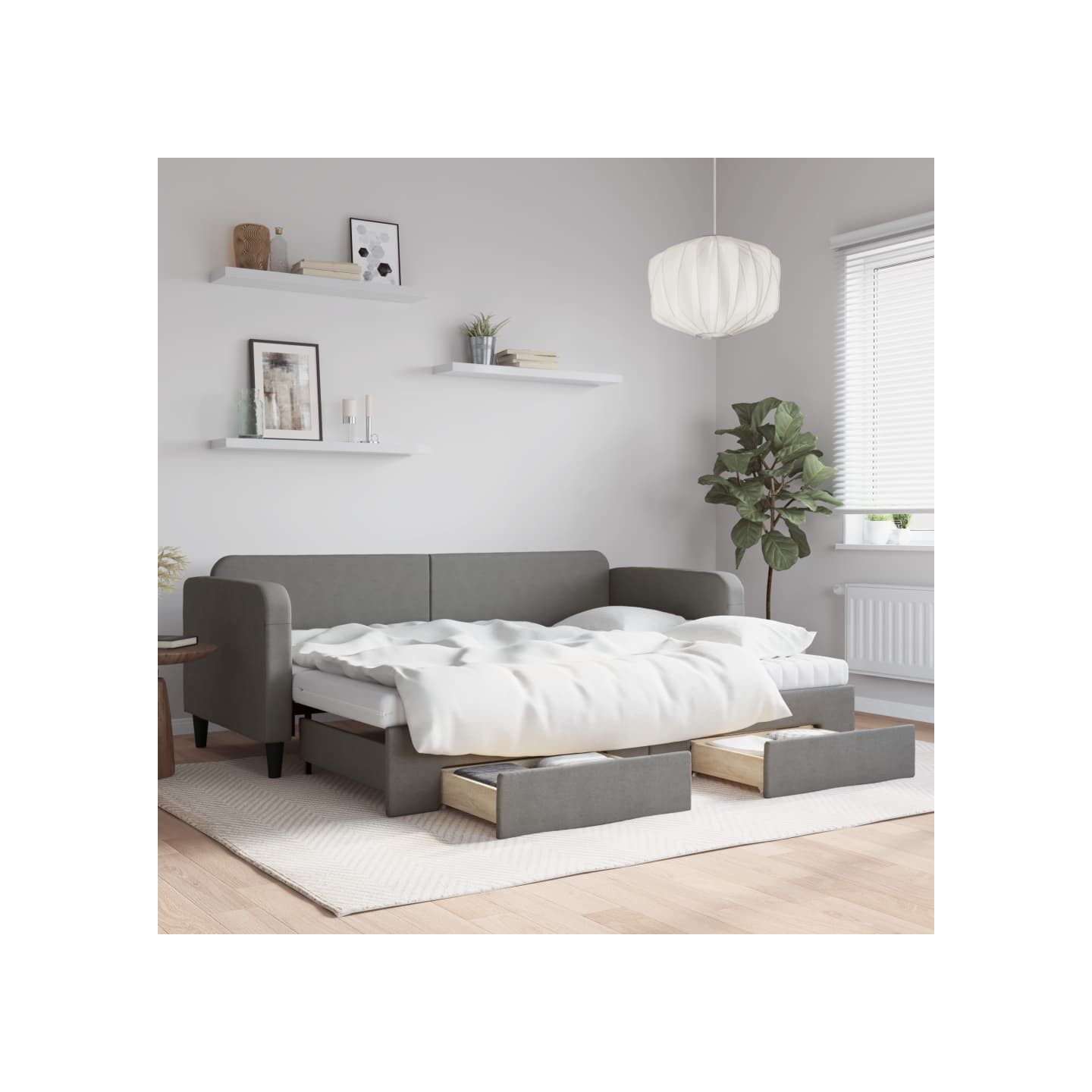 Lit de jour avec gigogne et tiroirs gris foncé 80x200 cm tissu