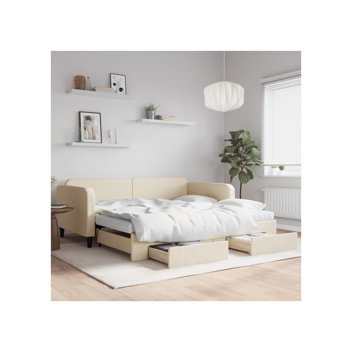 Lit de jour avec gigogne et tiroirs crème 100x200 cm tissu