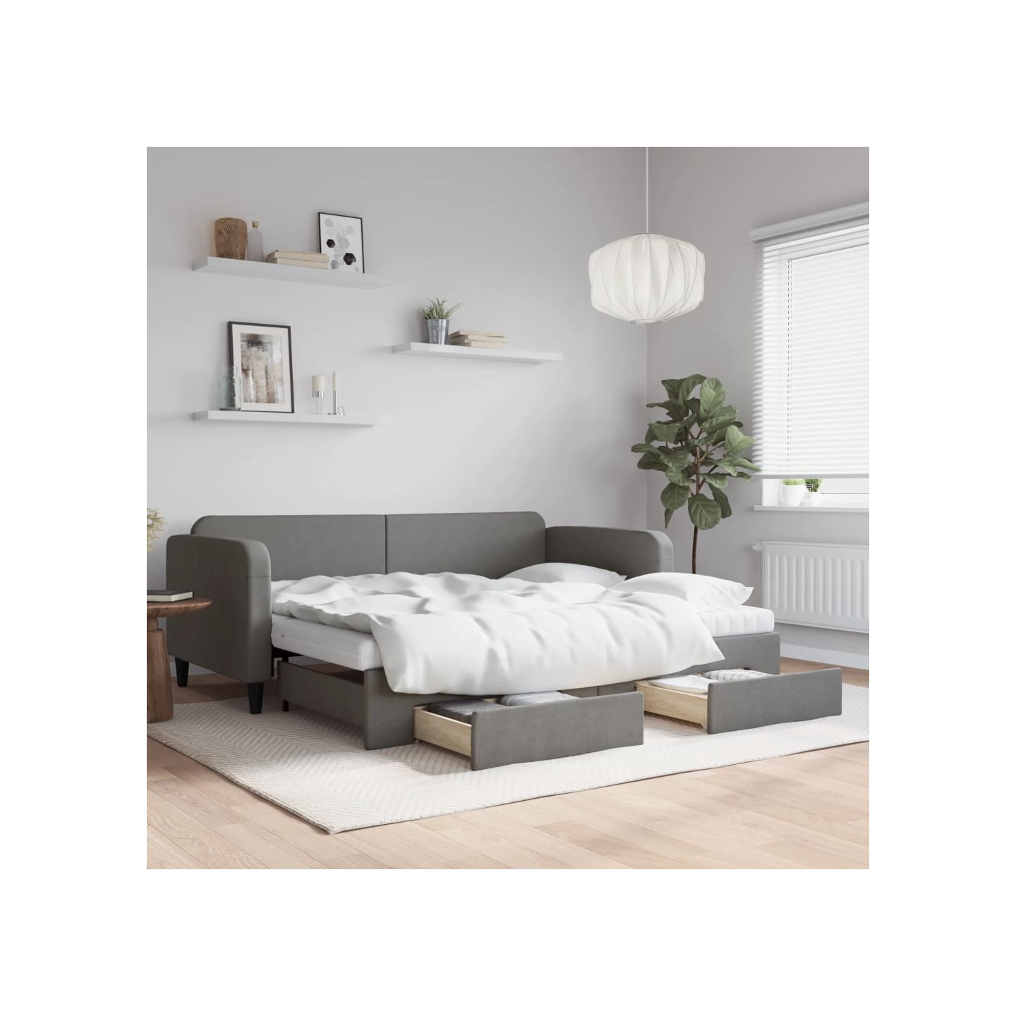 Lit de jour avec gigogne et tiroirs gris foncé 90x200 cm tissu