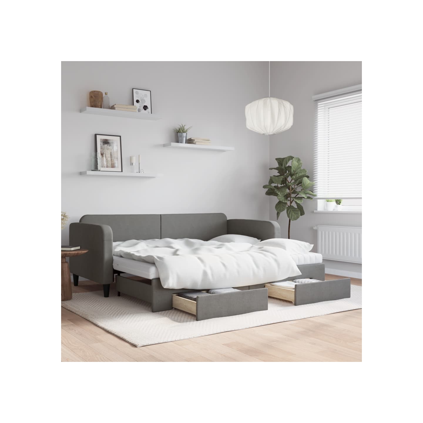 Lit de jour avec gigogne et tiroirs gris foncé 90x190 cm tissu