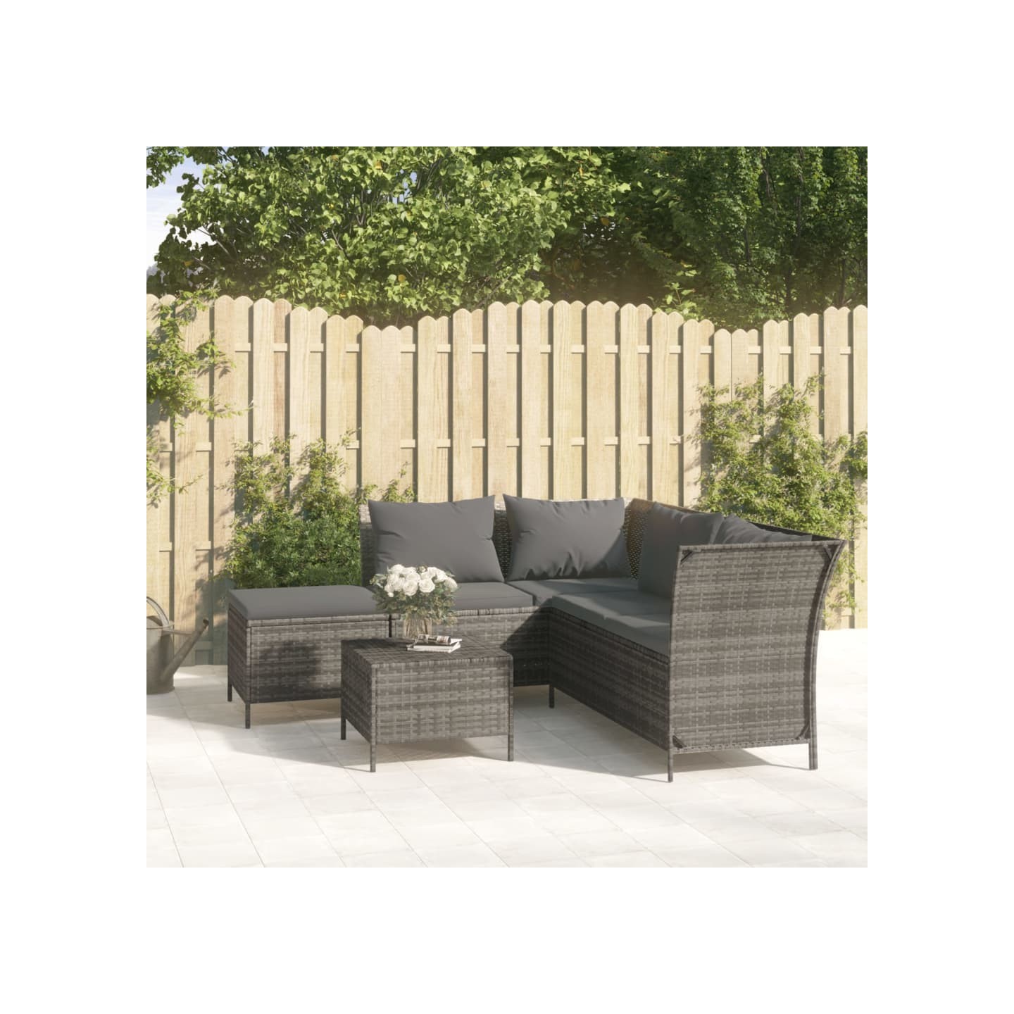Salon de jardin 4 pcs avec coussins Gris Résine tressée