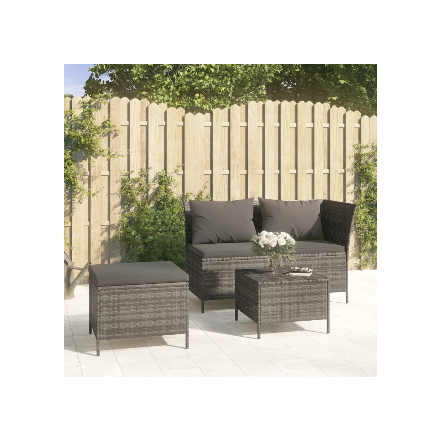 Salon de jardin 3 pcs avec coussins Gris Résine tressée