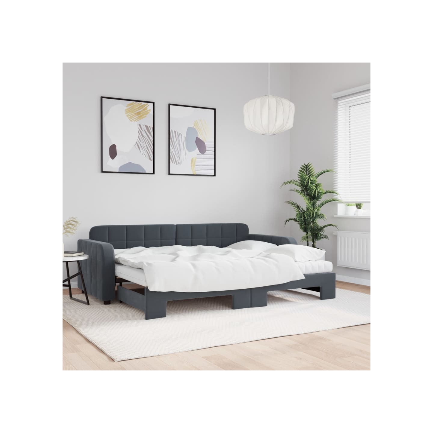 Lit de jour avec gigogne et matelas gris foncé 80x200cm velours