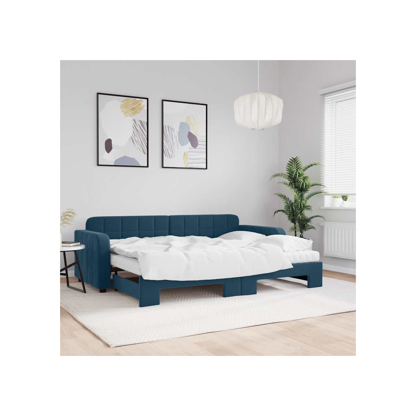 Lit de jour avec lit gigogne et matelas bleu 80x200 cm velours