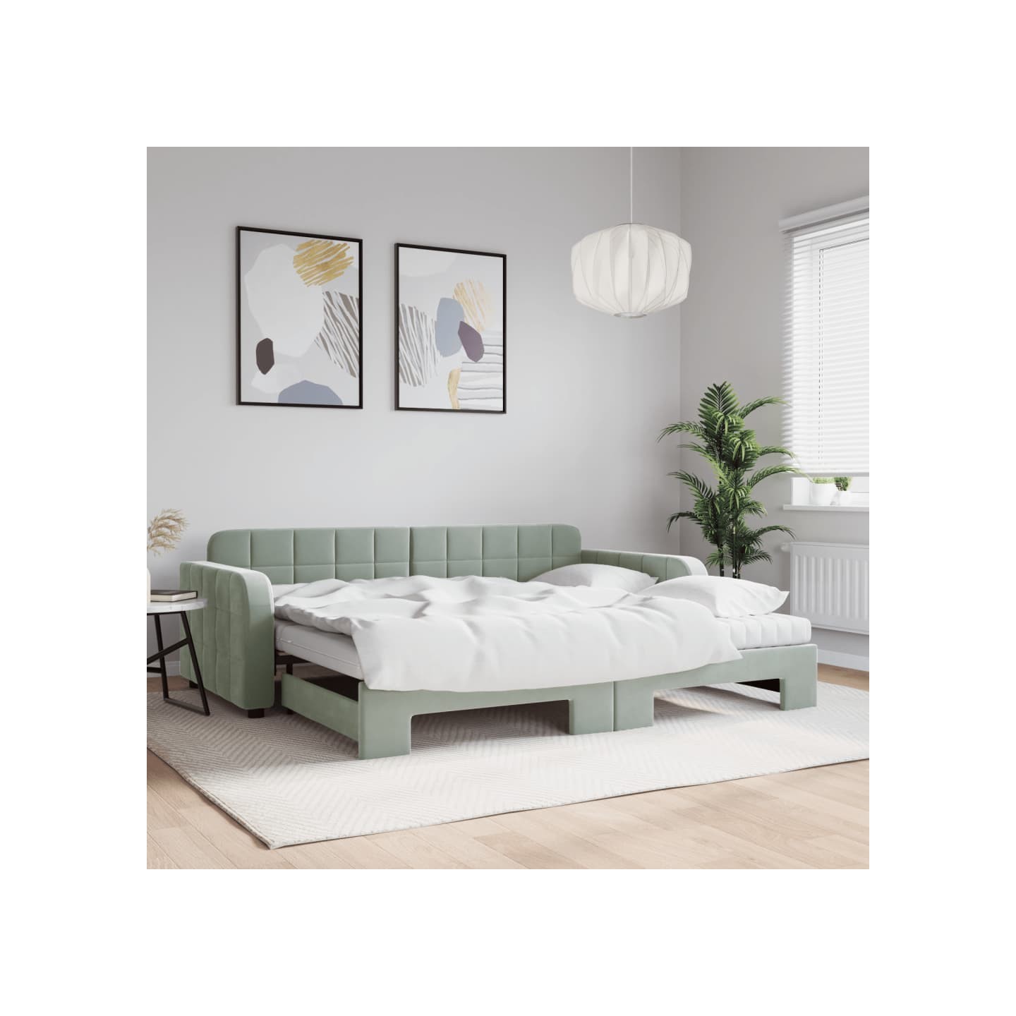 Lit de jour avec gigogne et matelas gris clair 90x200cm velours