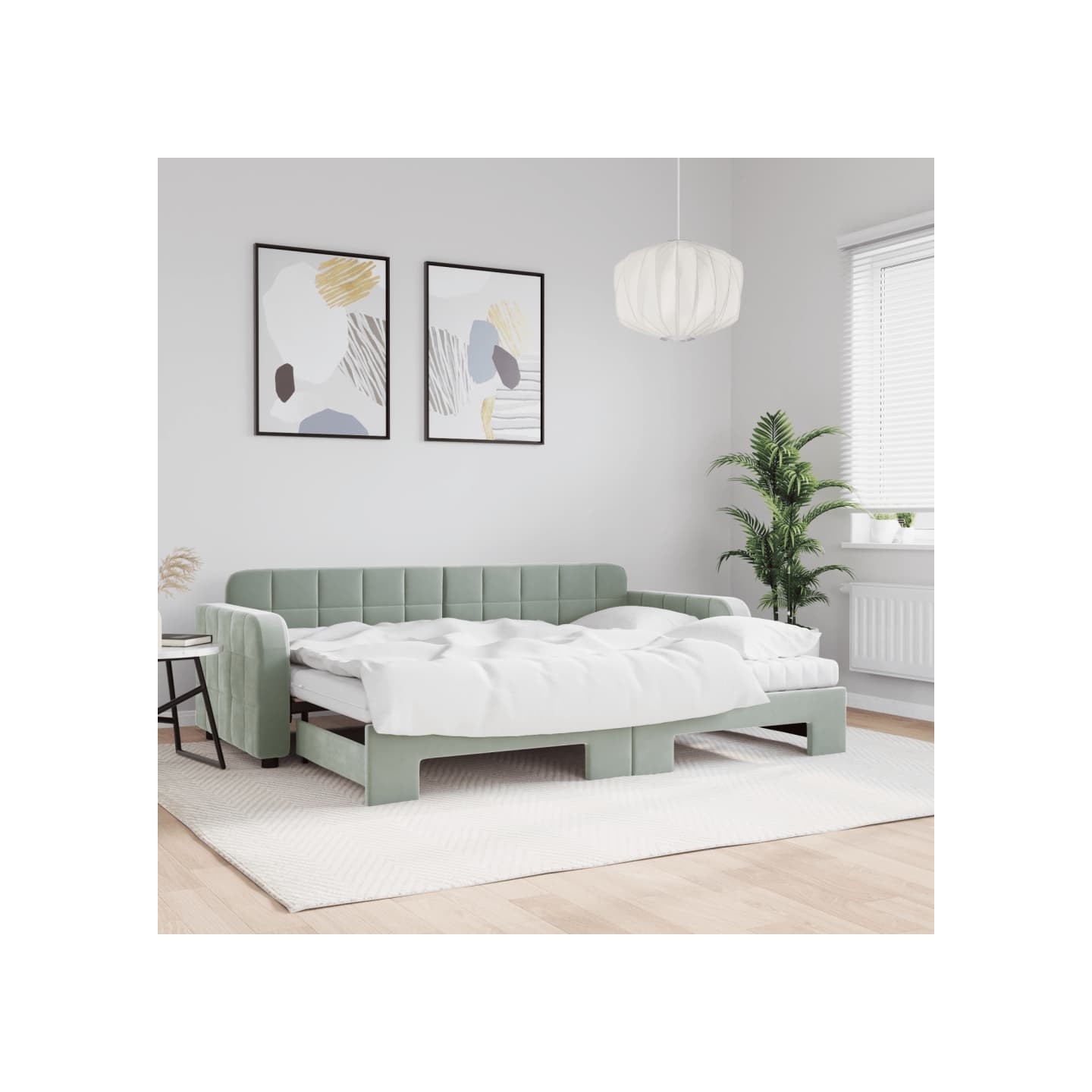Lit de jour avec gigogne et matelas gris clair 80x200cm velours