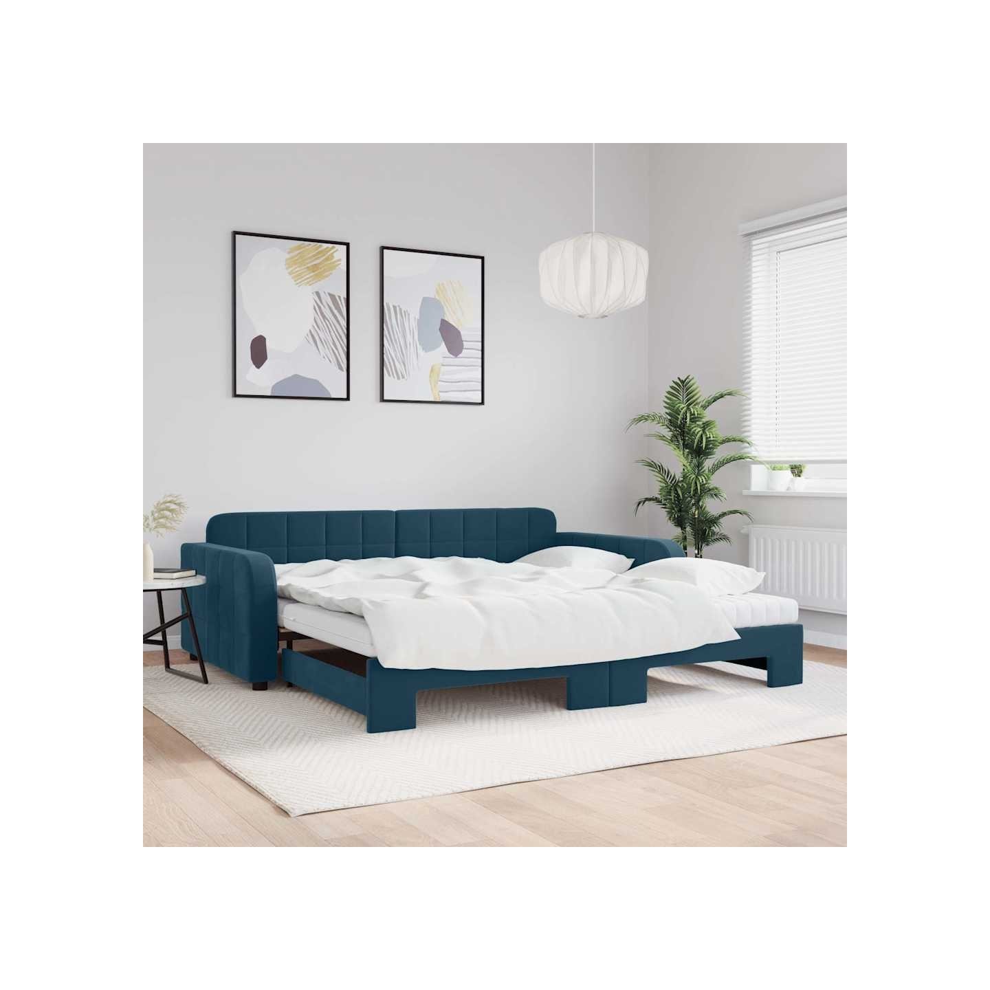 Lit de jour avec lit gigogne et matelas bleu 100x200 cm velours