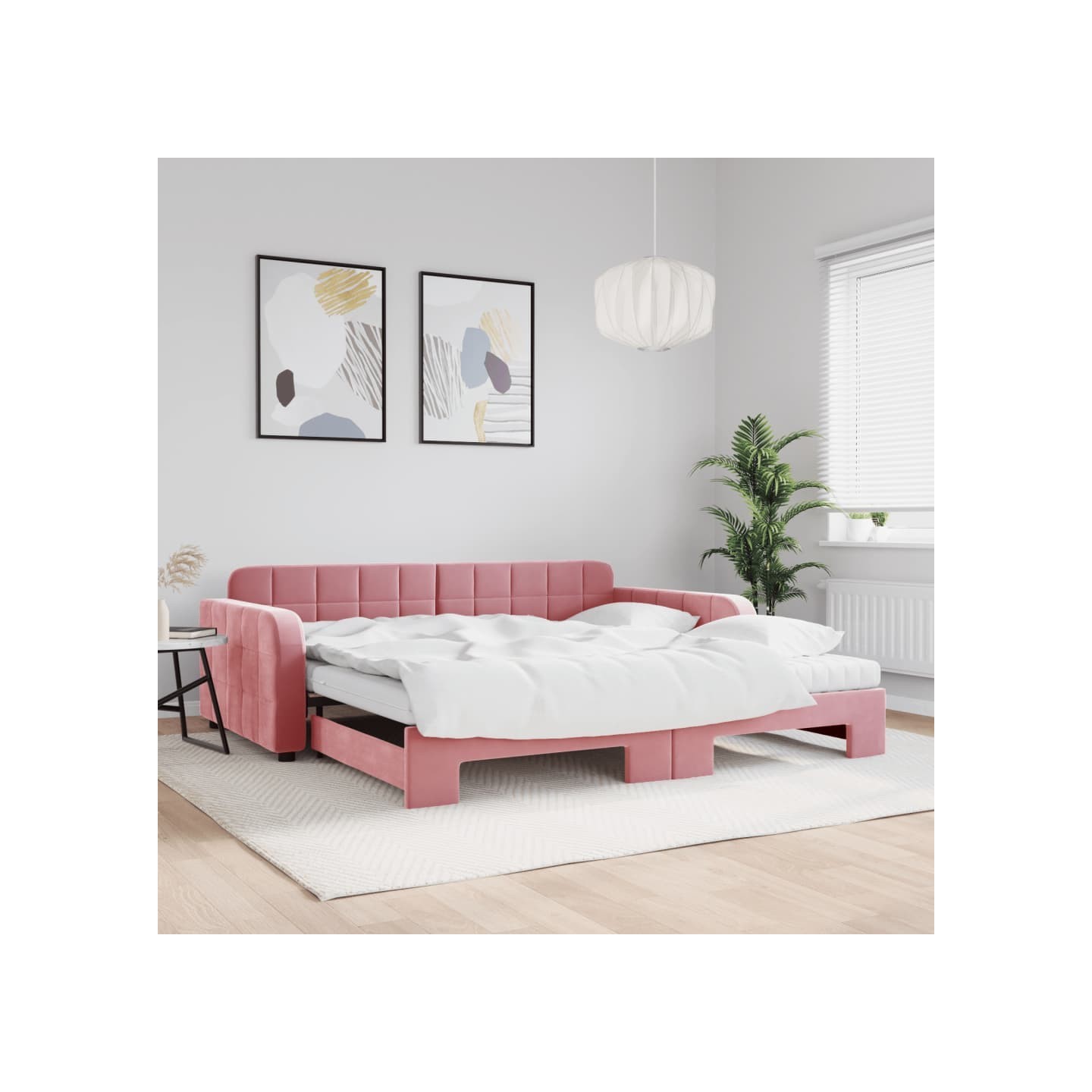 Lit de jour avec lit gigogne et matelas rose 100x200 cm velours