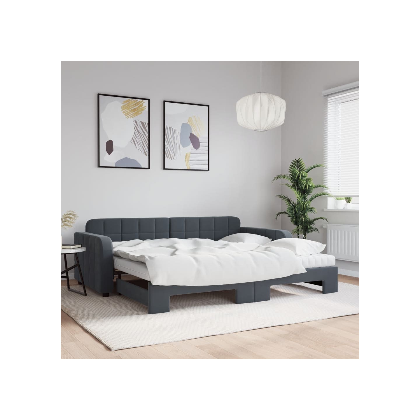 Lit de jour avec gigogne et matelas gris foncé 90x200cm velours