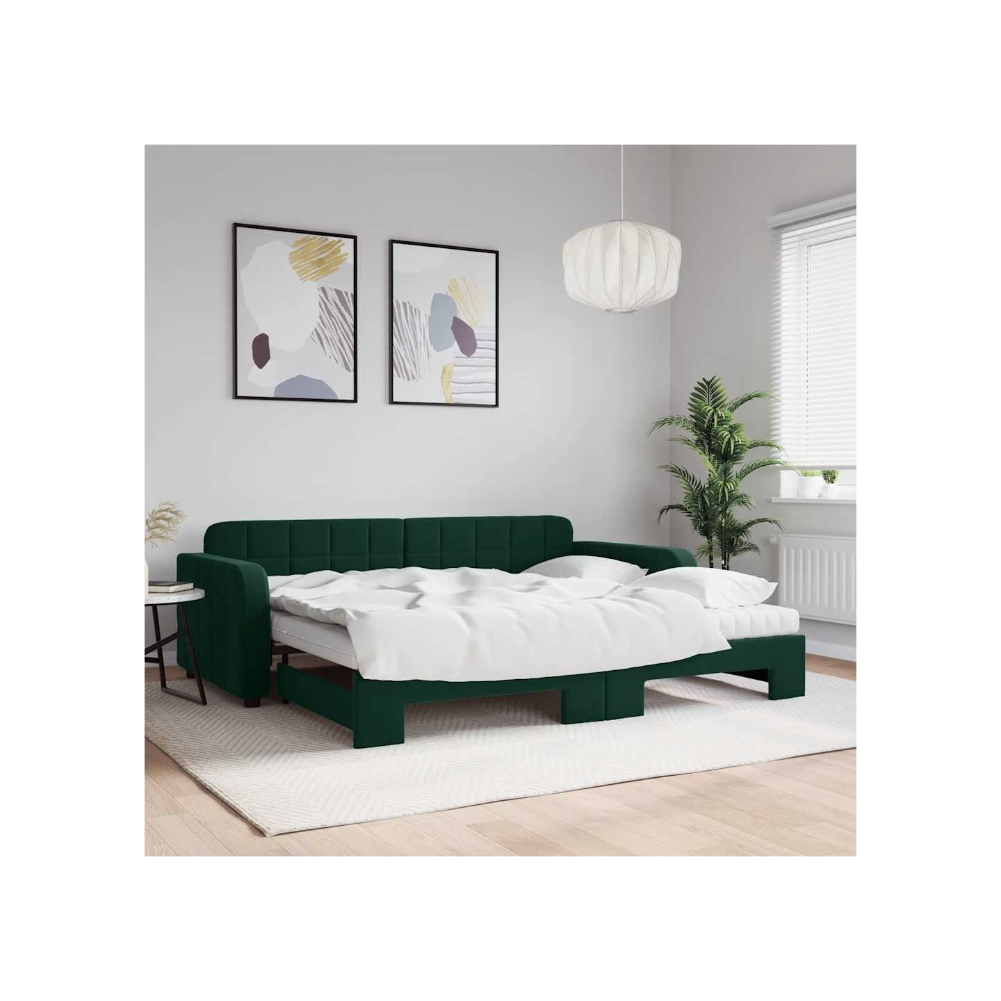 Lit de jour avec gigogne et matelas vert foncé 90x200cm velours