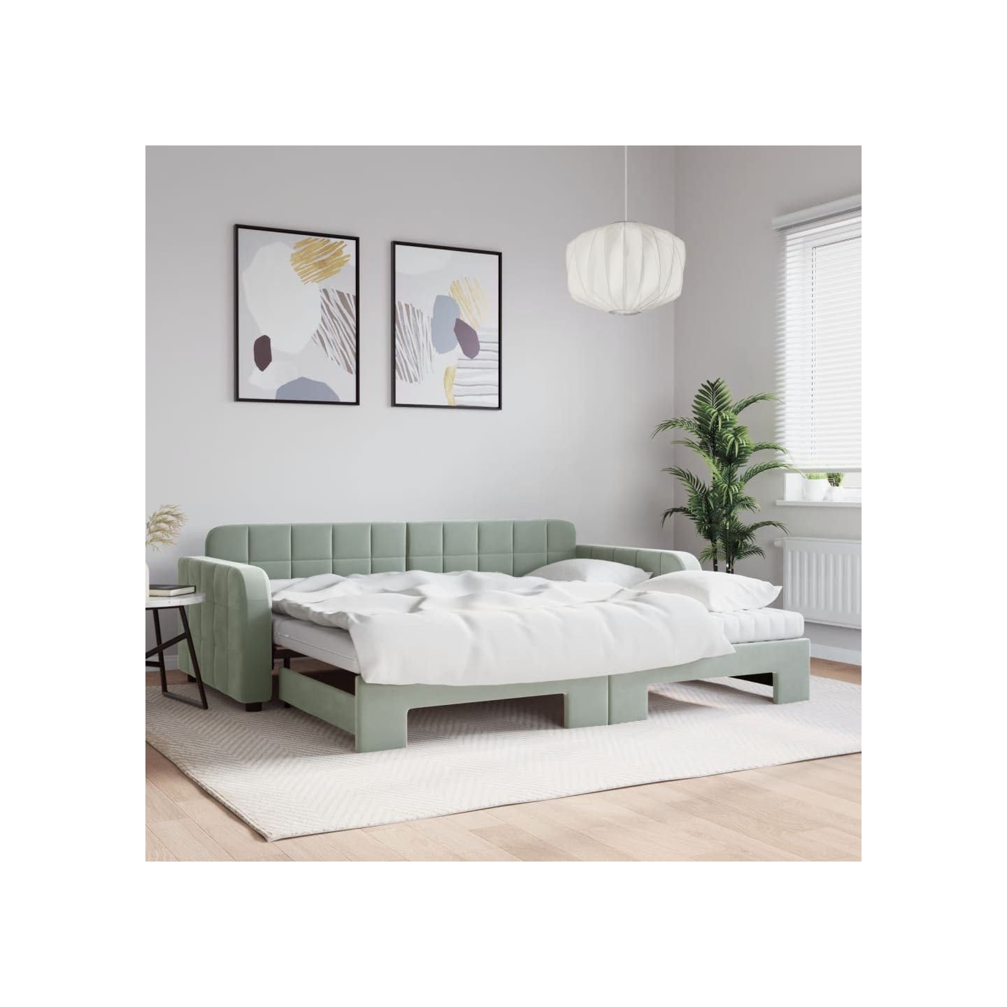 Lit de jour avec gigogne et matelas gris clair 90x190cm velours