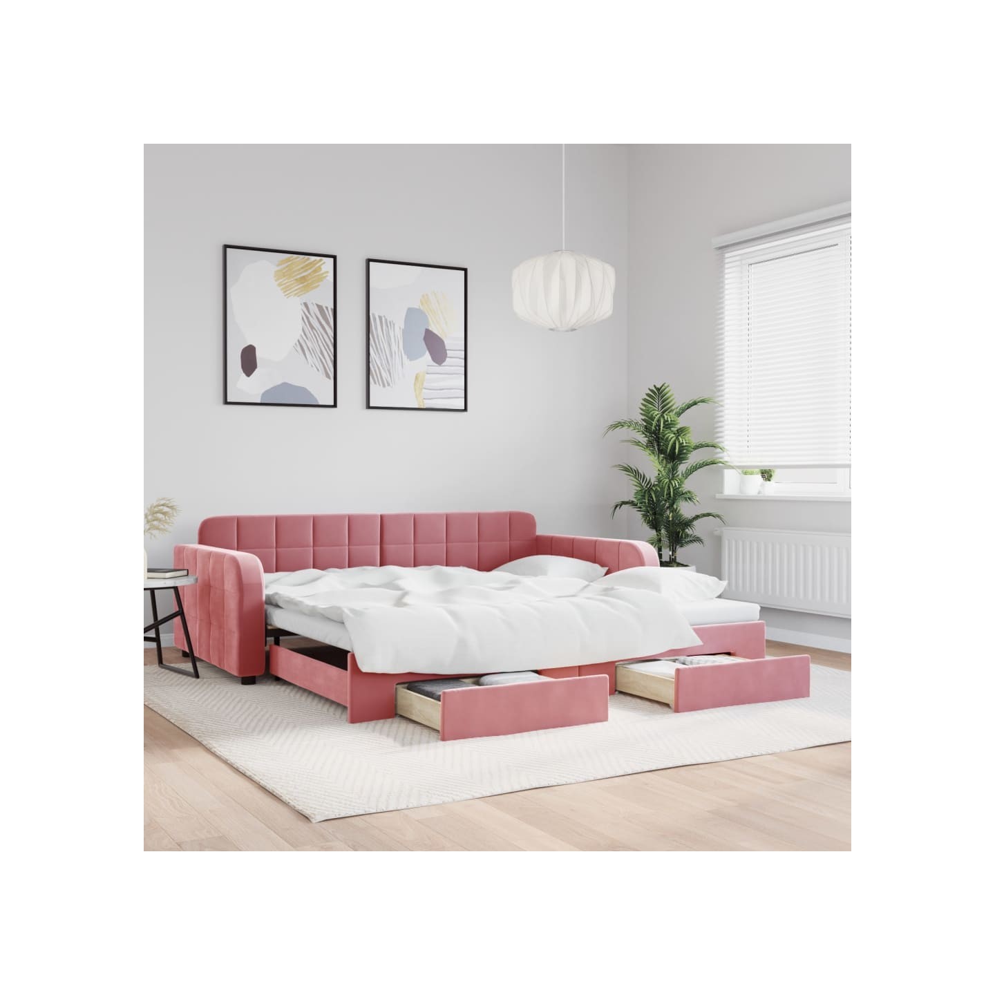 Lit de jour avec gigogne et tiroirs rose 100x200 cm velours