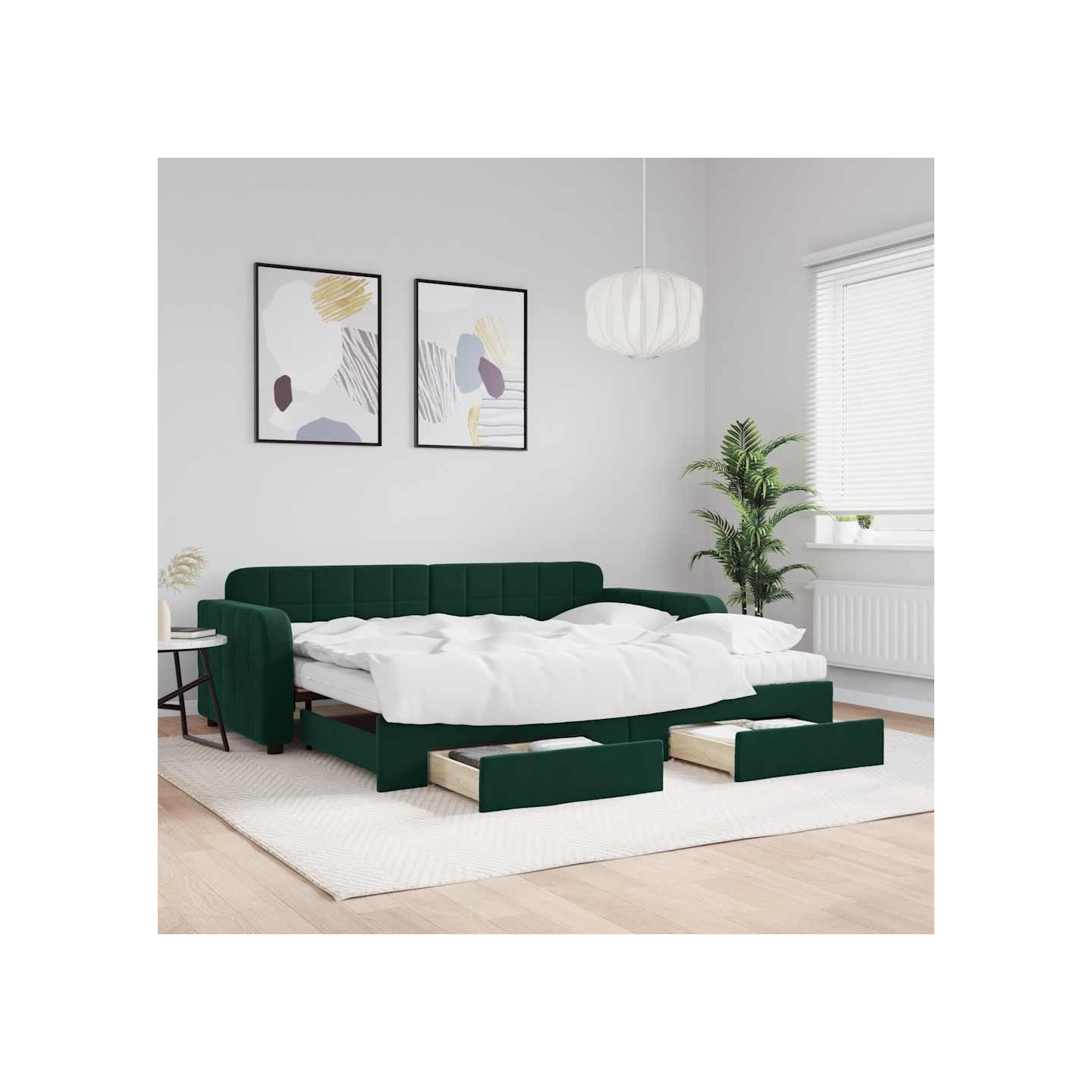 Lit de jour avec gigogne et tiroirs vert foncé 90x200cm velours