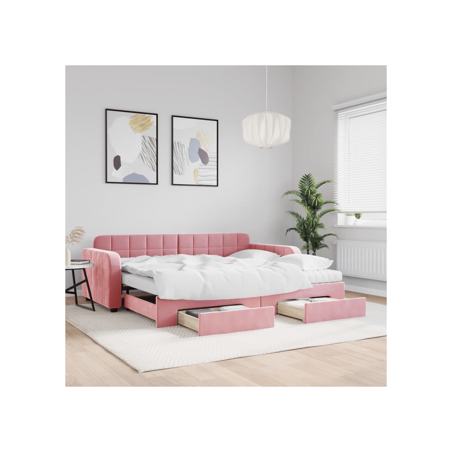 Lit de jour avec gigogne et tiroirs rose 90x200 cm velours