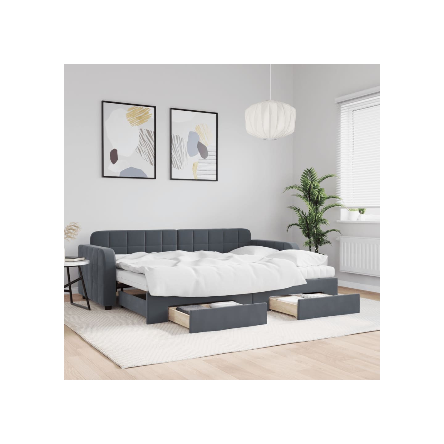 Lit de jour avec gigogne et tiroirs gris foncé 80x200cm velours