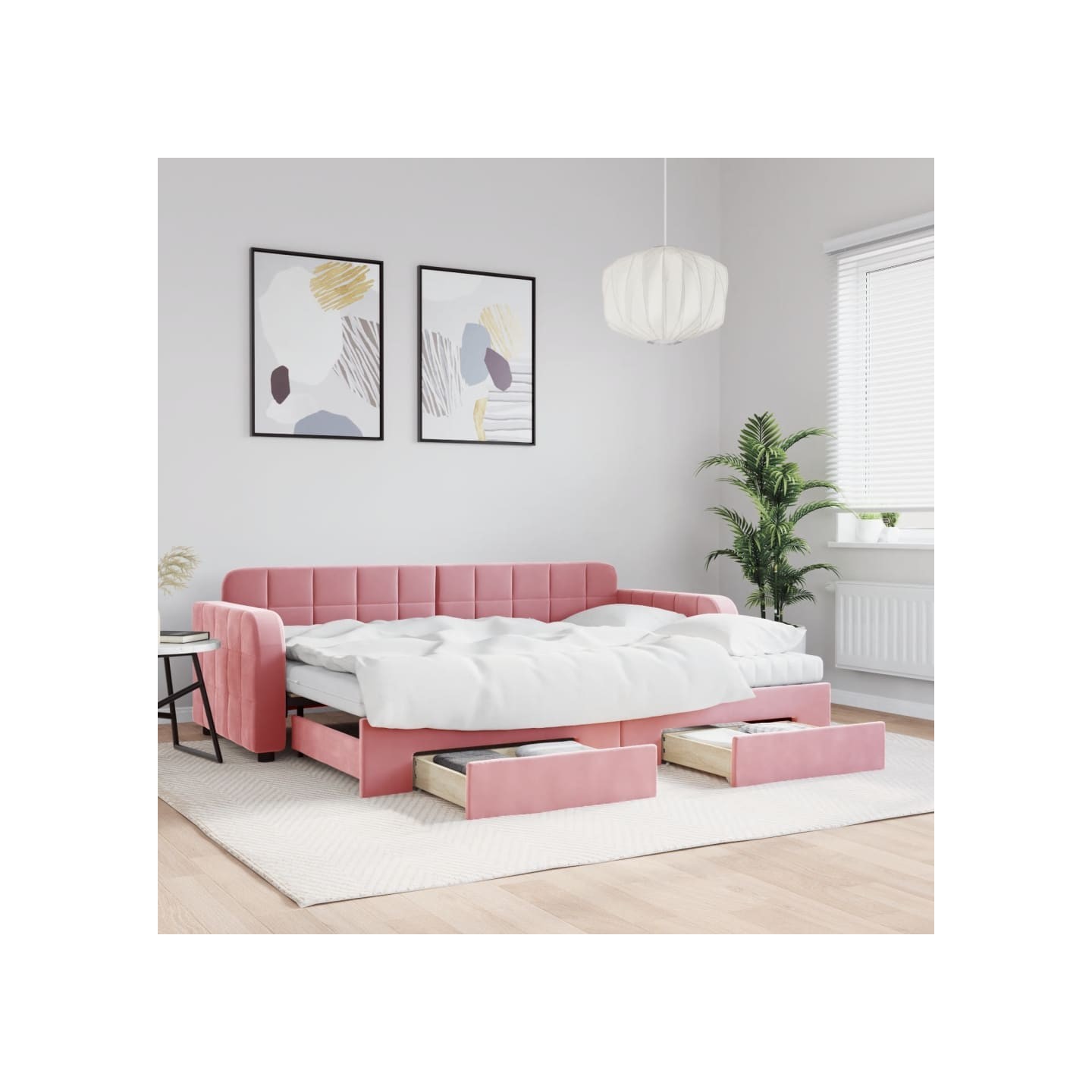 Lit de jour avec gigogne et tiroirs rose 80x200 cm velours