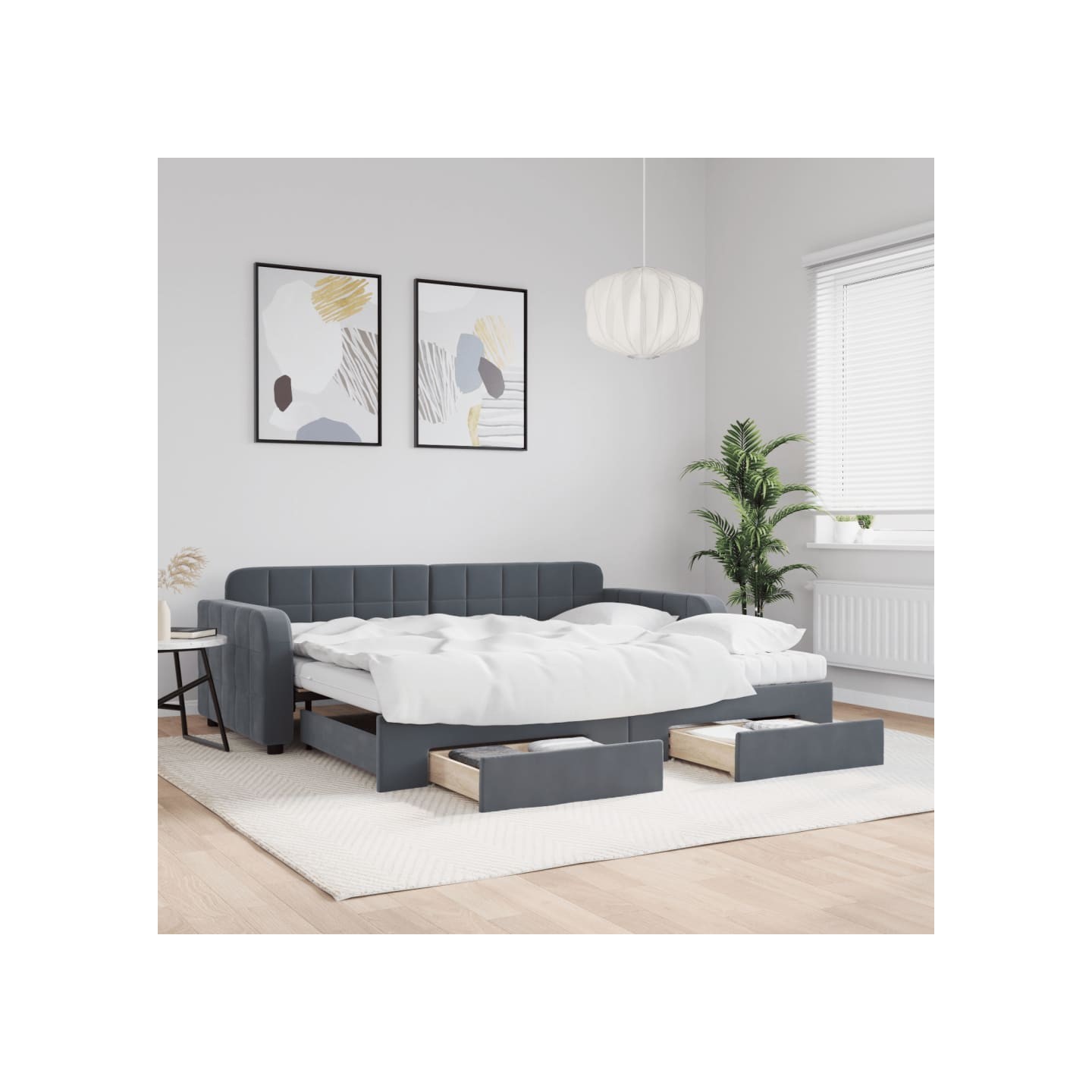 Lit de jour avec gigogne et tiroirs gris foncé 90x200cm velours